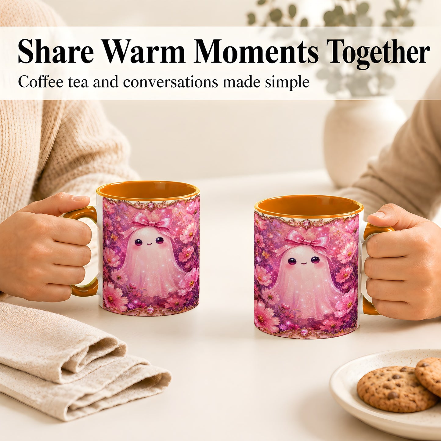 #pl[11oz|Orange] Pink Ghost Coffee Mug, Floral Bow Mug, Ceramic Cup with Cosmos Art