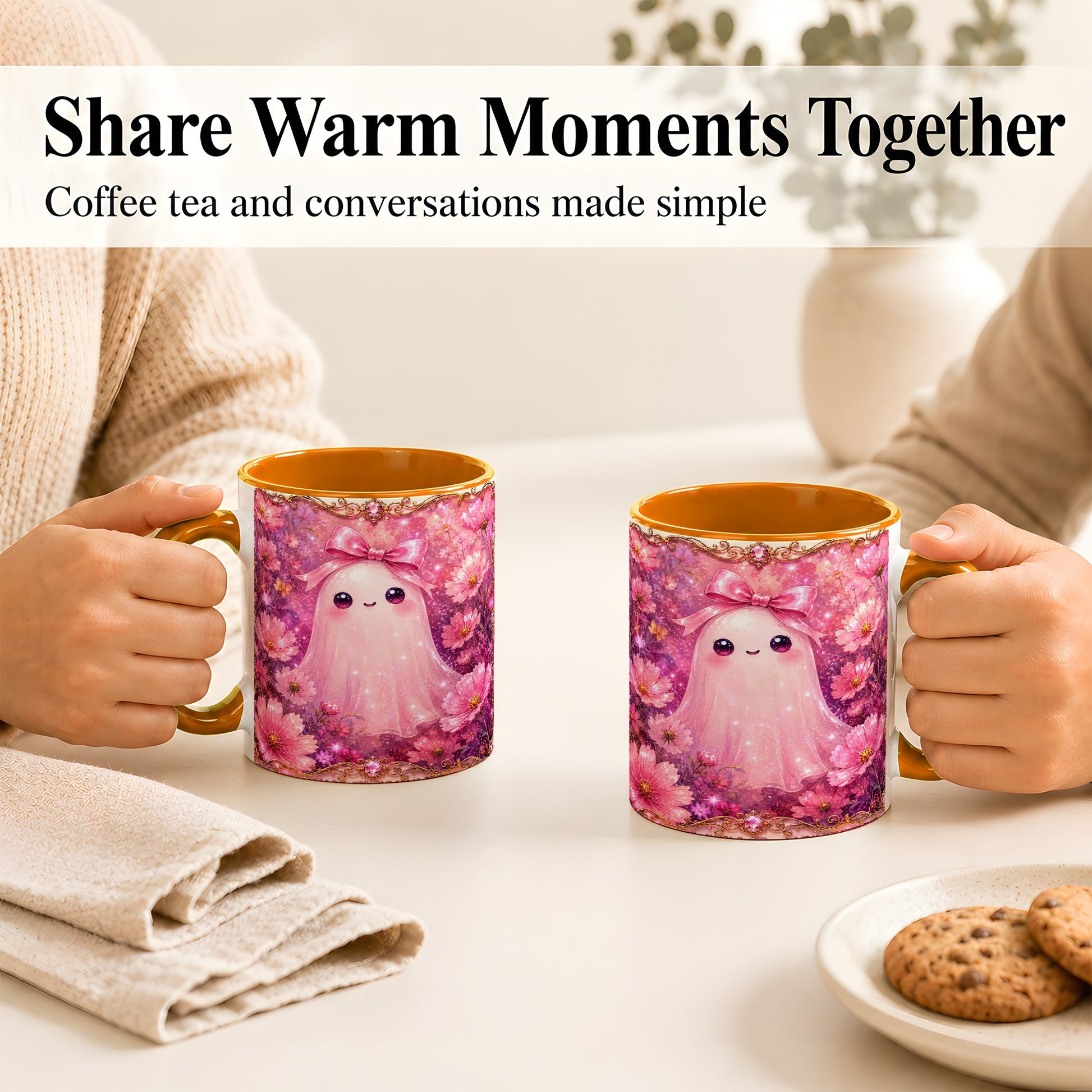#pl[11oz|Orange] Pink Ghost Coffee Mug, Floral Bow Mug, Ceramic Cup with Cosmos Art