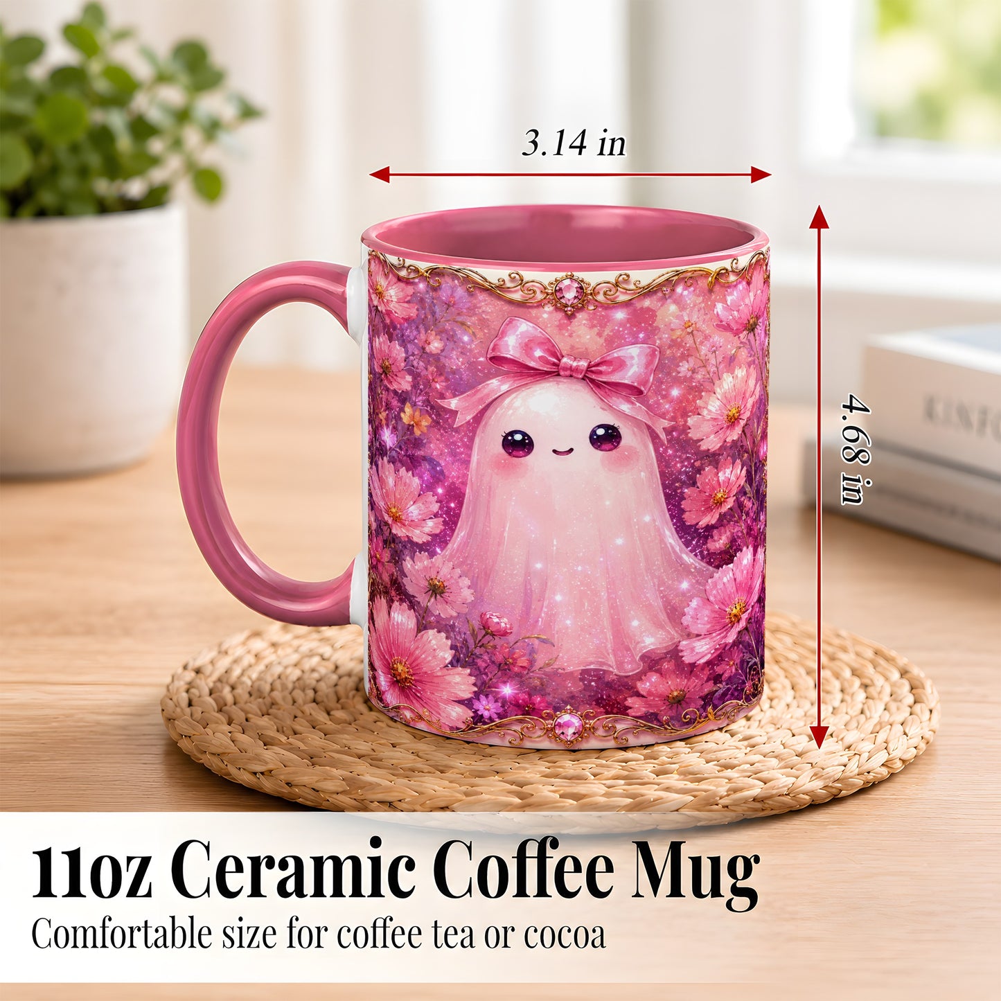 #pl[11oz|Pink] Pink Ghost Coffee Mug, Floral Bow Mug, Ceramic Cup with Cosmos Art