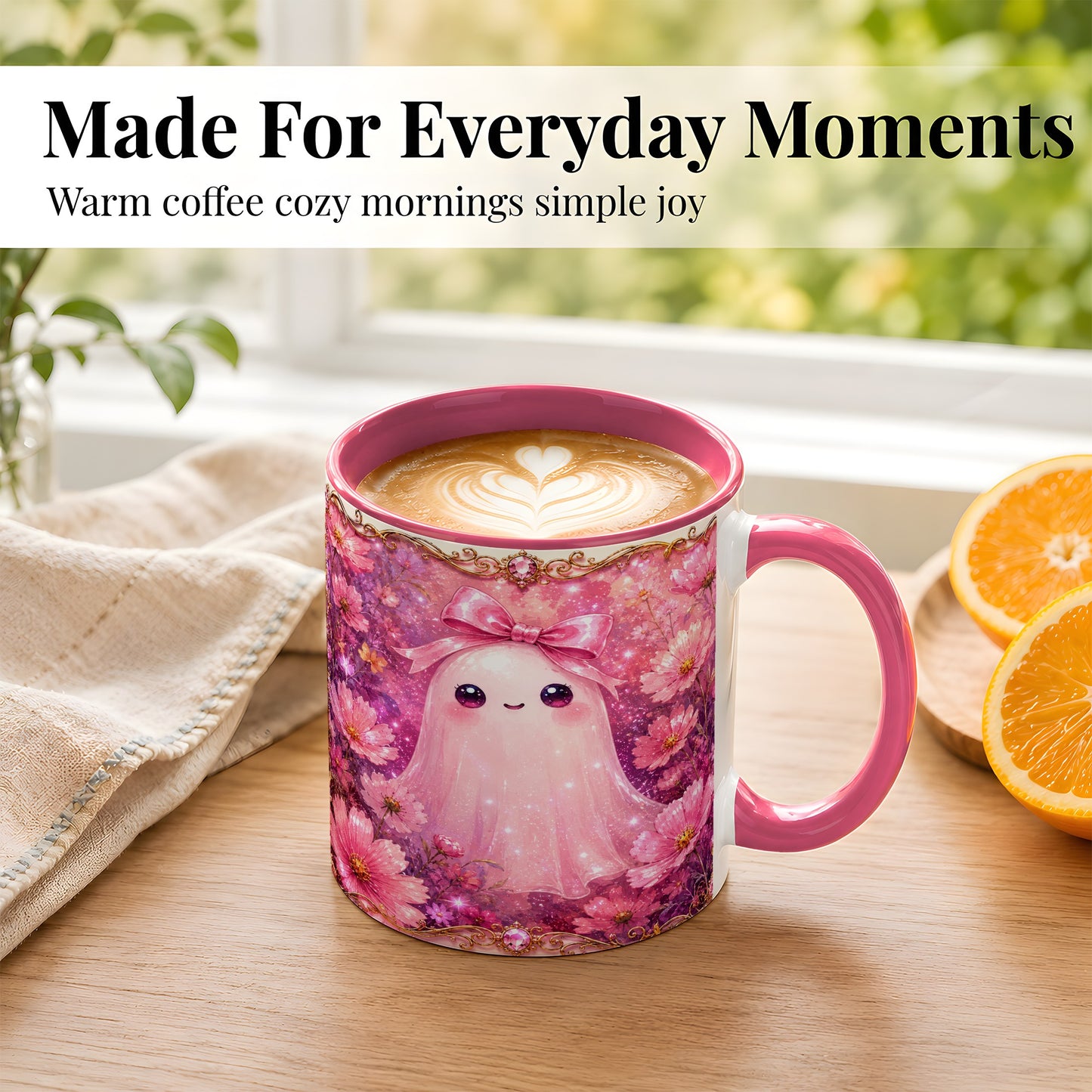 #pl[11oz|Pink] Pink Ghost Coffee Mug, Floral Bow Mug, Ceramic Cup with Cosmos Art