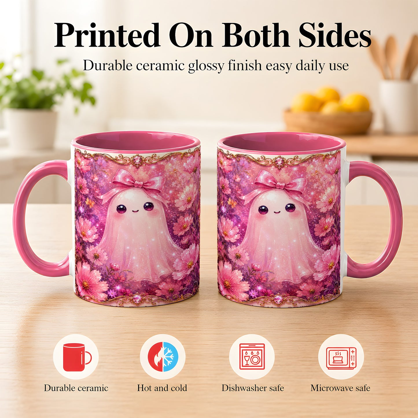 #pl[11oz|Pink] Pink Ghost Coffee Mug, Floral Bow Mug, Ceramic Cup with Cosmos Art