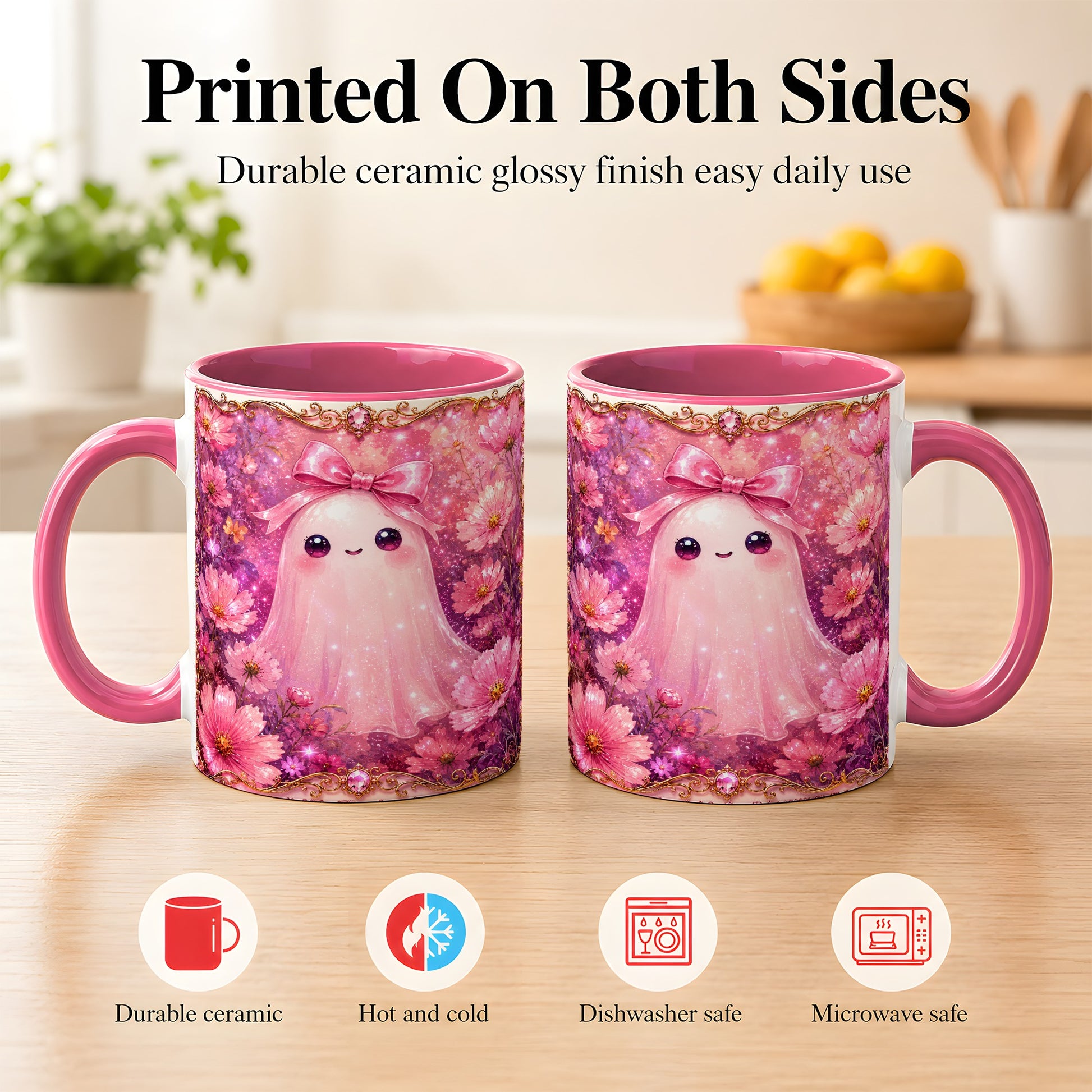 #pl[11oz|Pink] Pink Ghost Coffee Mug, Floral Bow Mug, Ceramic Cup with Cosmos Art