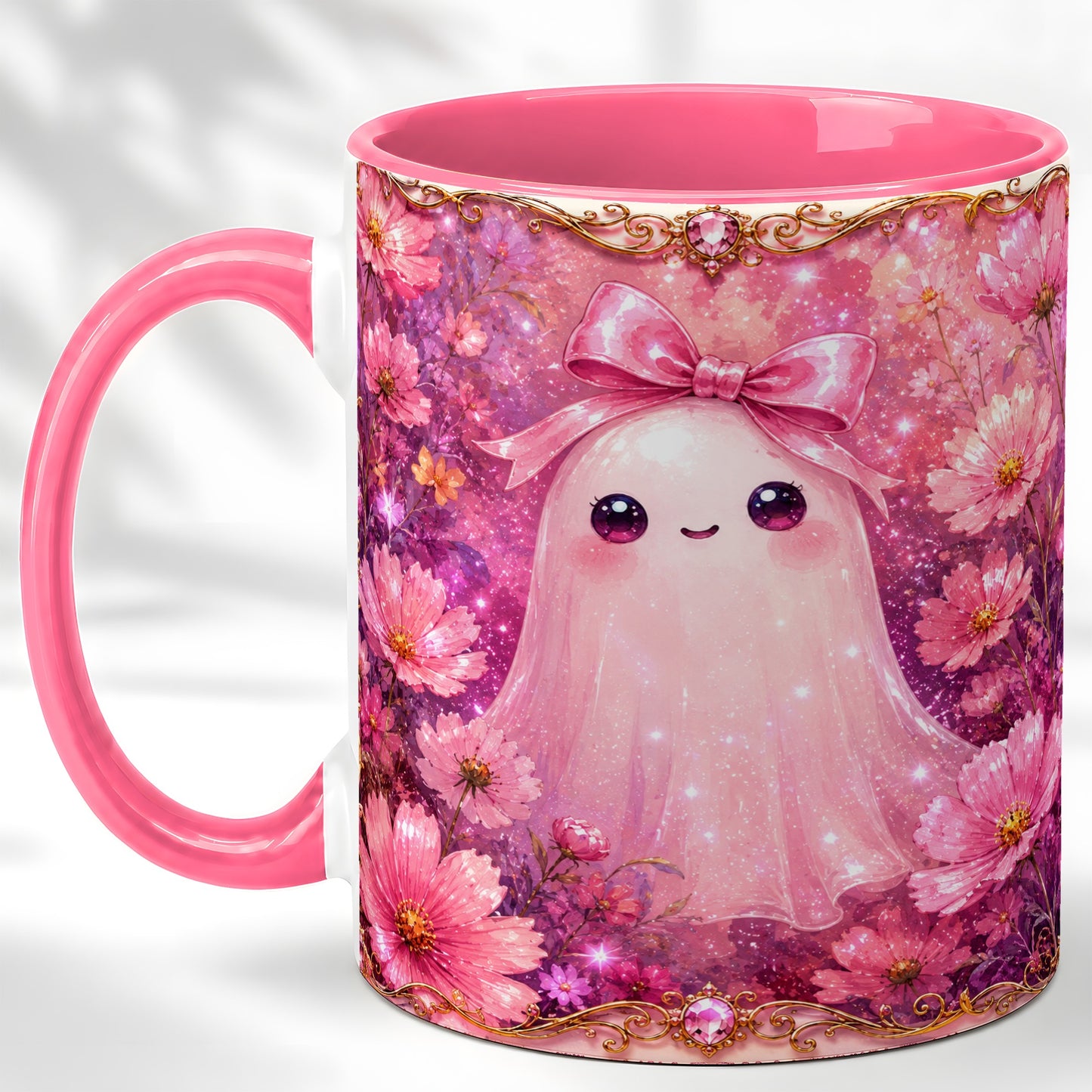 #pl[11oz|Pink] Pink Ghost Coffee Mug, Floral Bow Mug, Ceramic Cup with Cosmos Art
