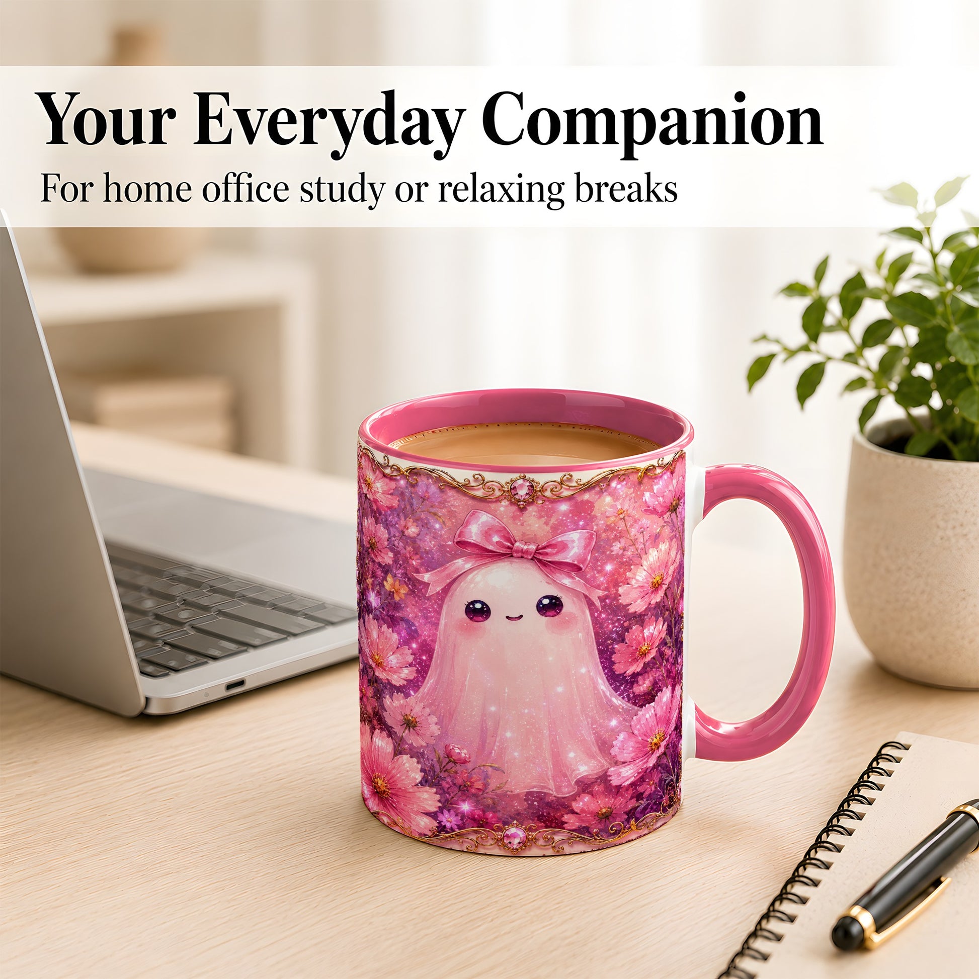 #pl[11oz|Pink] Pink Ghost Coffee Mug, Floral Bow Mug, Ceramic Cup with Cosmos Art
