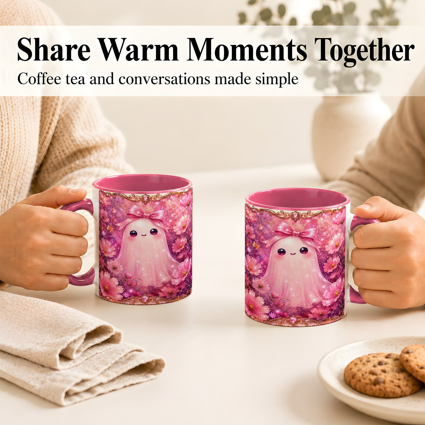 #pl[11oz|Pink] Pink Ghost Coffee Mug, Floral Bow Mug, Ceramic Cup with Cosmos Art