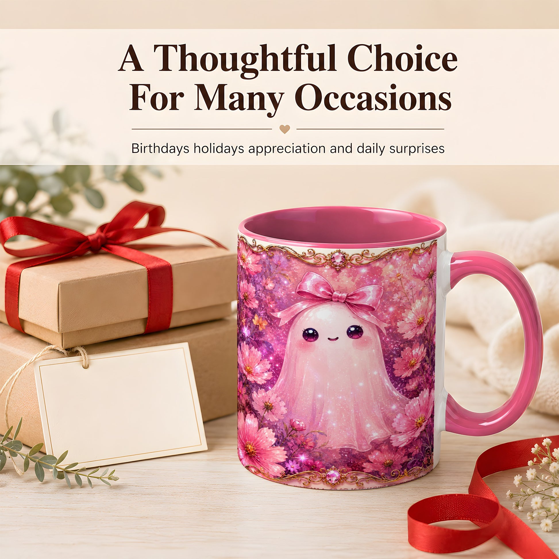 #pl[11oz|Pink] Pink Ghost Coffee Mug, Floral Bow Mug, Ceramic Cup with Cosmos Art