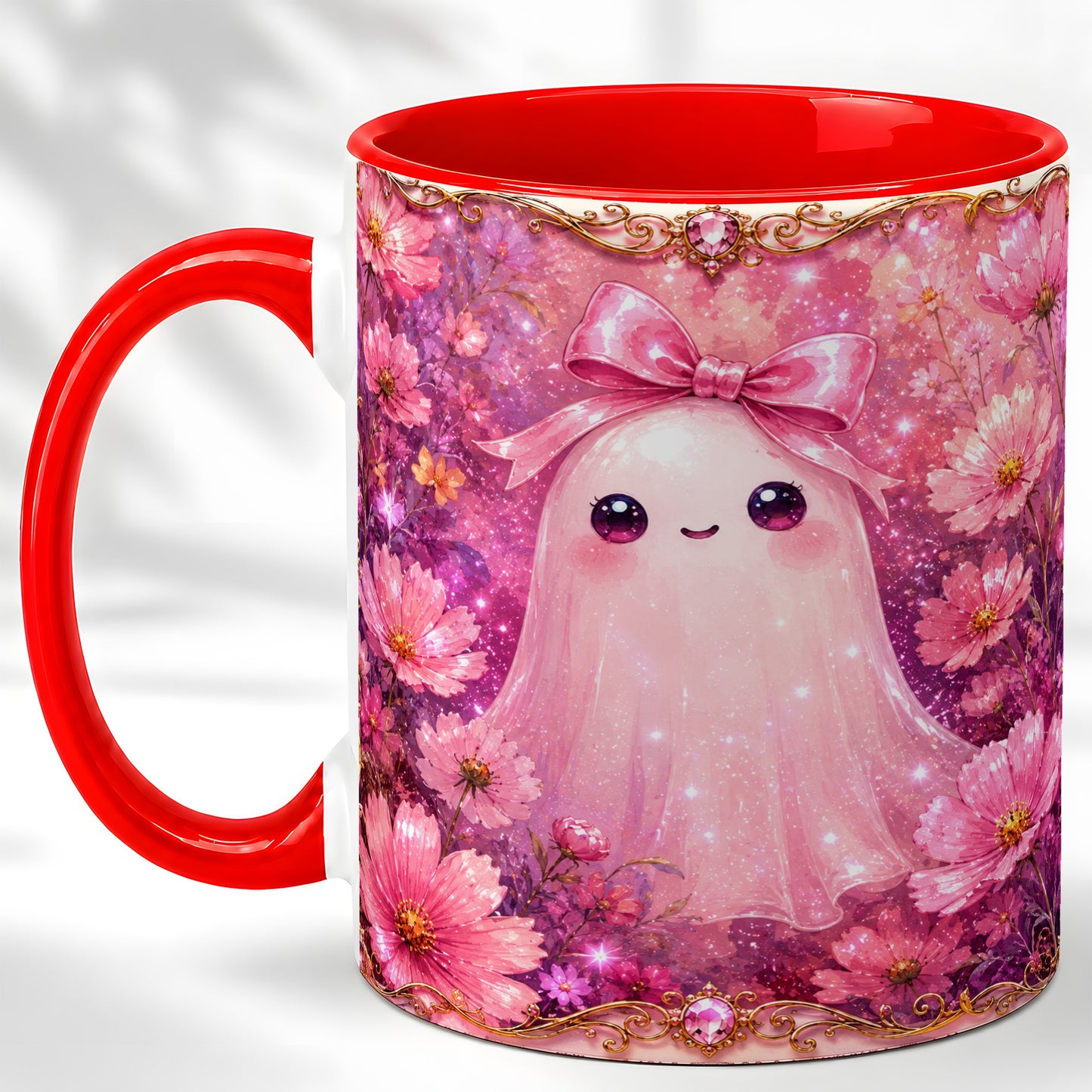 #pl[11oz|Red] Pink Ghost Coffee Mug, Floral Bow Mug, Ceramic Cup with Cosmos Art
