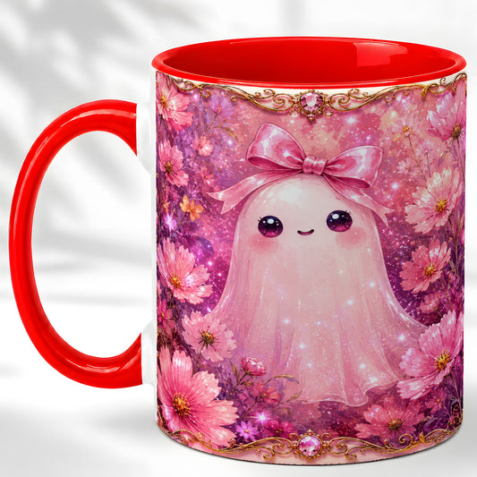 #pl[11oz|Red] Pink Ghost Coffee Mug, Floral Bow Mug, Ceramic Cup with Cosmos Art