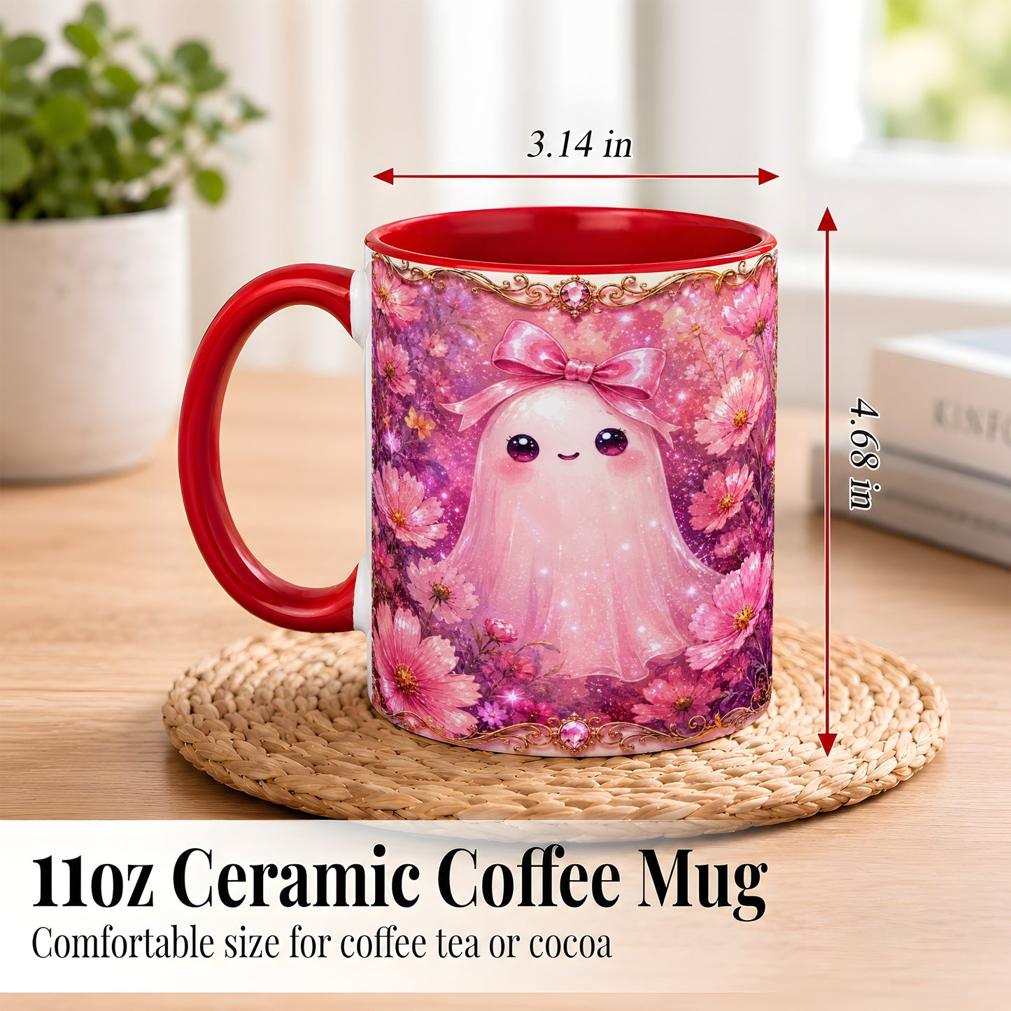 #pl[11oz|Red] Pink Ghost Coffee Mug, Floral Bow Mug, Ceramic Cup with Cosmos Art