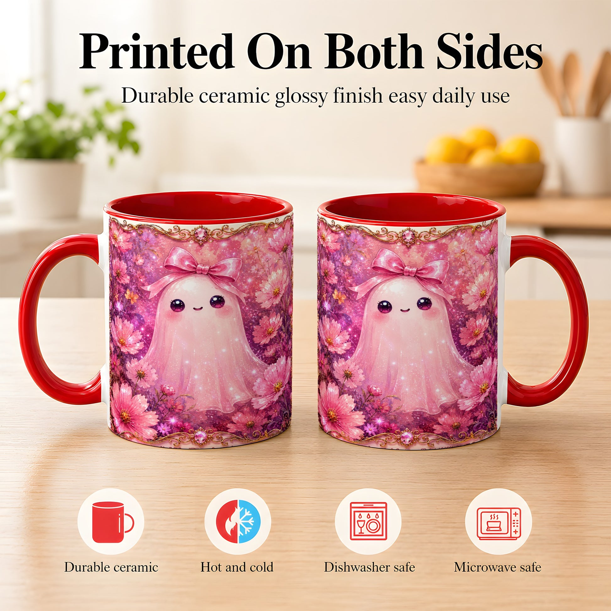 #pl[11oz|Red] Pink Ghost Coffee Mug, Floral Bow Mug, Ceramic Cup with Cosmos Art