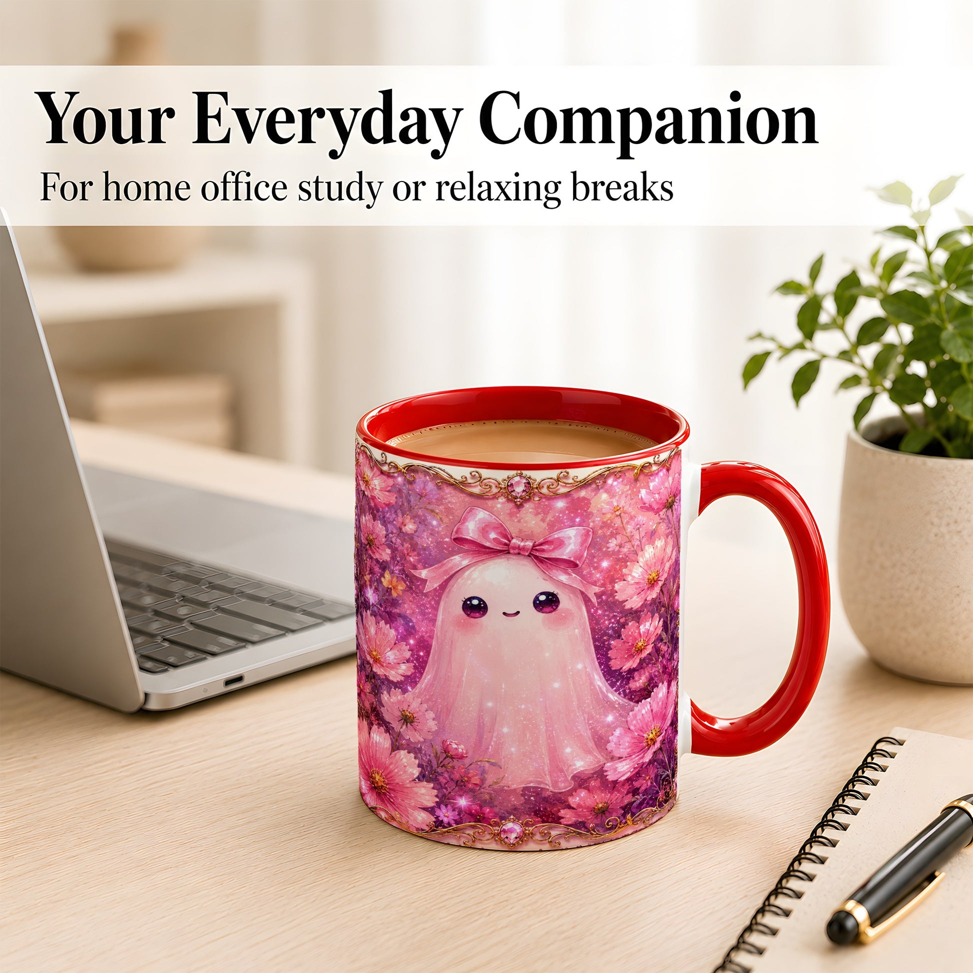 #pl[11oz|Red] Pink Ghost Coffee Mug, Floral Bow Mug, Ceramic Cup with Cosmos Art