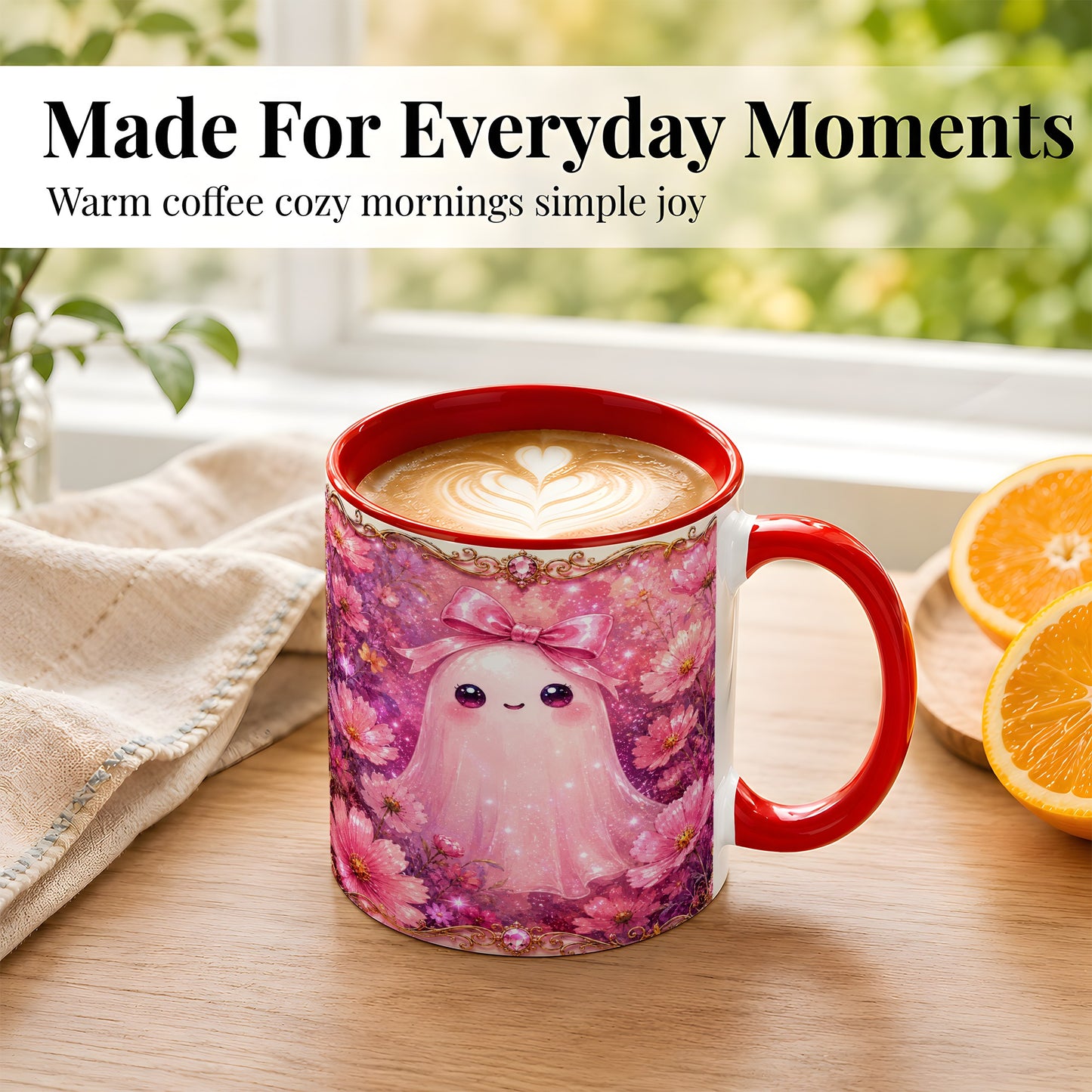 #pl[11oz|Red] Pink Ghost Coffee Mug, Floral Bow Mug, Ceramic Cup with Cosmos Art