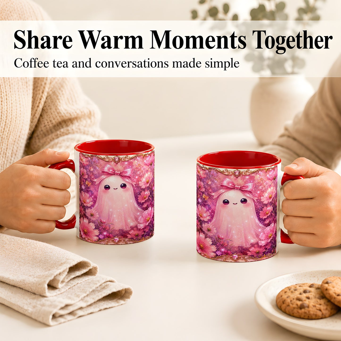#pl[11oz|Red] Pink Ghost Coffee Mug, Floral Bow Mug, Ceramic Cup with Cosmos Art