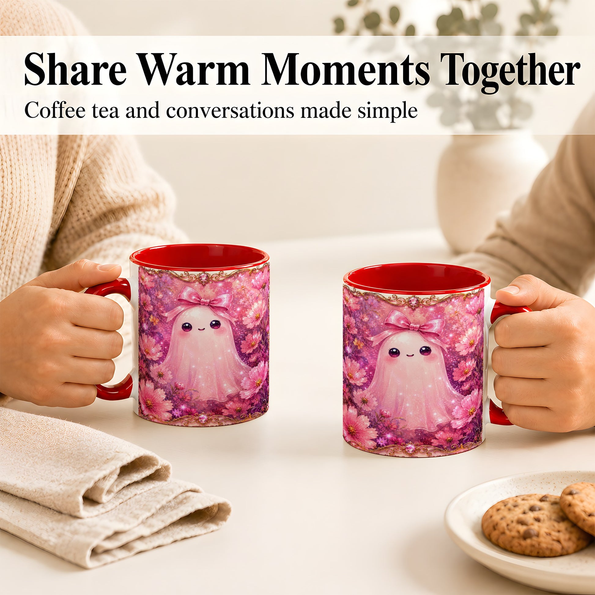 #pl[11oz|Red] Pink Ghost Coffee Mug, Floral Bow Mug, Ceramic Cup with Cosmos Art