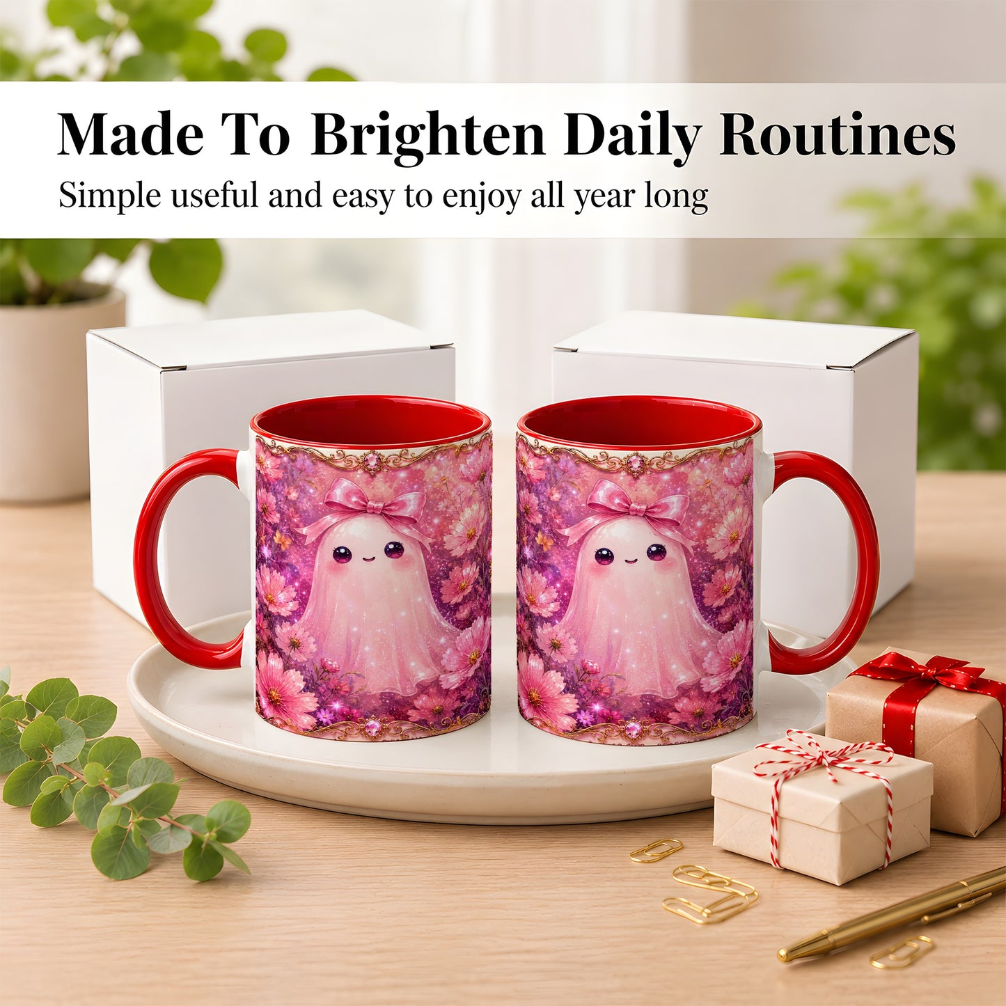 #pl[11oz|Red] Pink Ghost Coffee Mug, Floral Bow Mug, Ceramic Cup with Cosmos Art