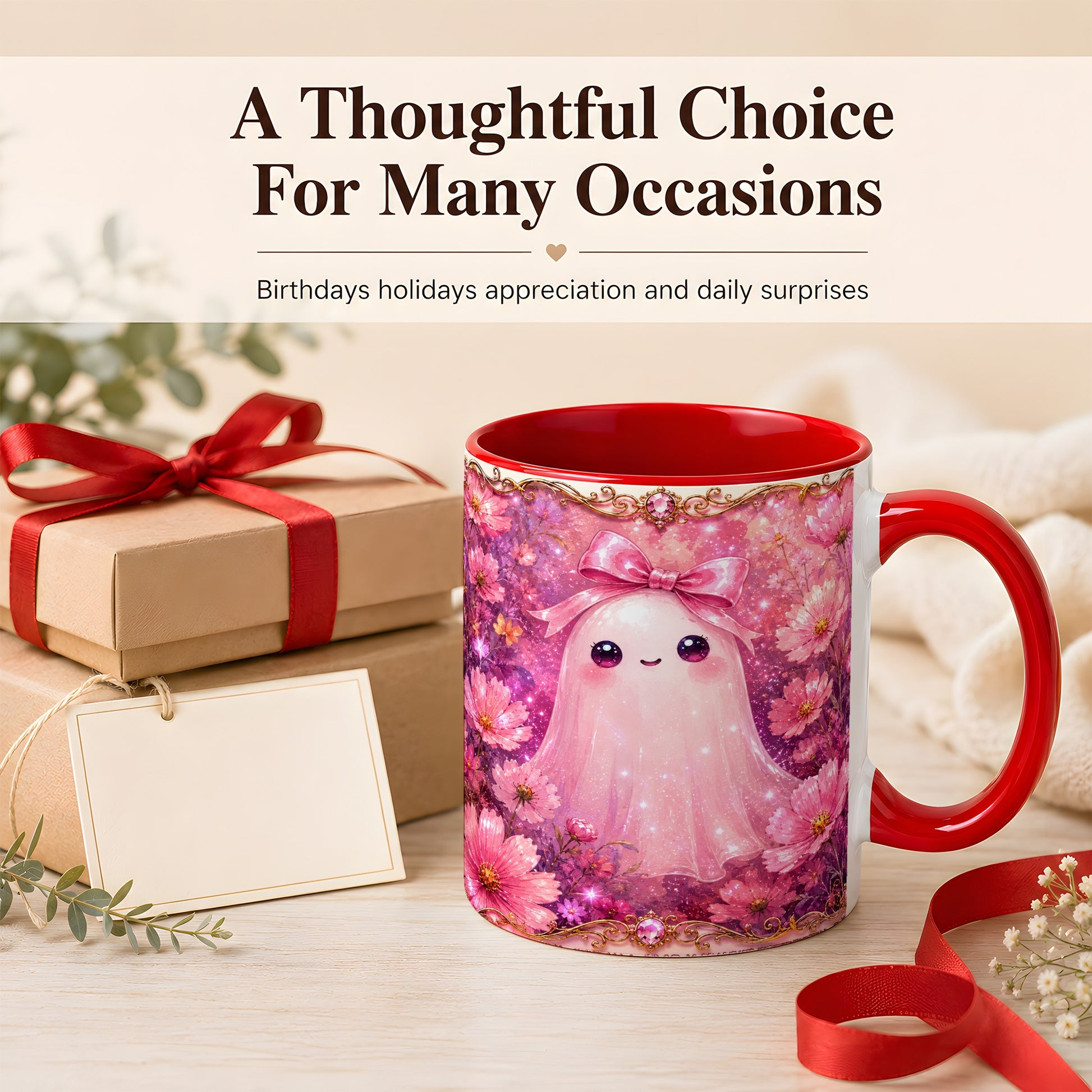 #pl[11oz|Red] Pink Ghost Coffee Mug, Floral Bow Mug, Ceramic Cup with Cosmos Art