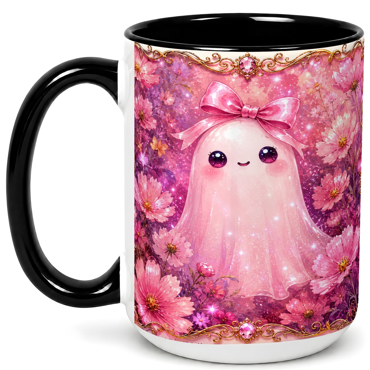 #pl[15oz|Black] Pink Ghost Coffee Mug, Floral Bow Mug, Ceramic Cup with Cosmos Art