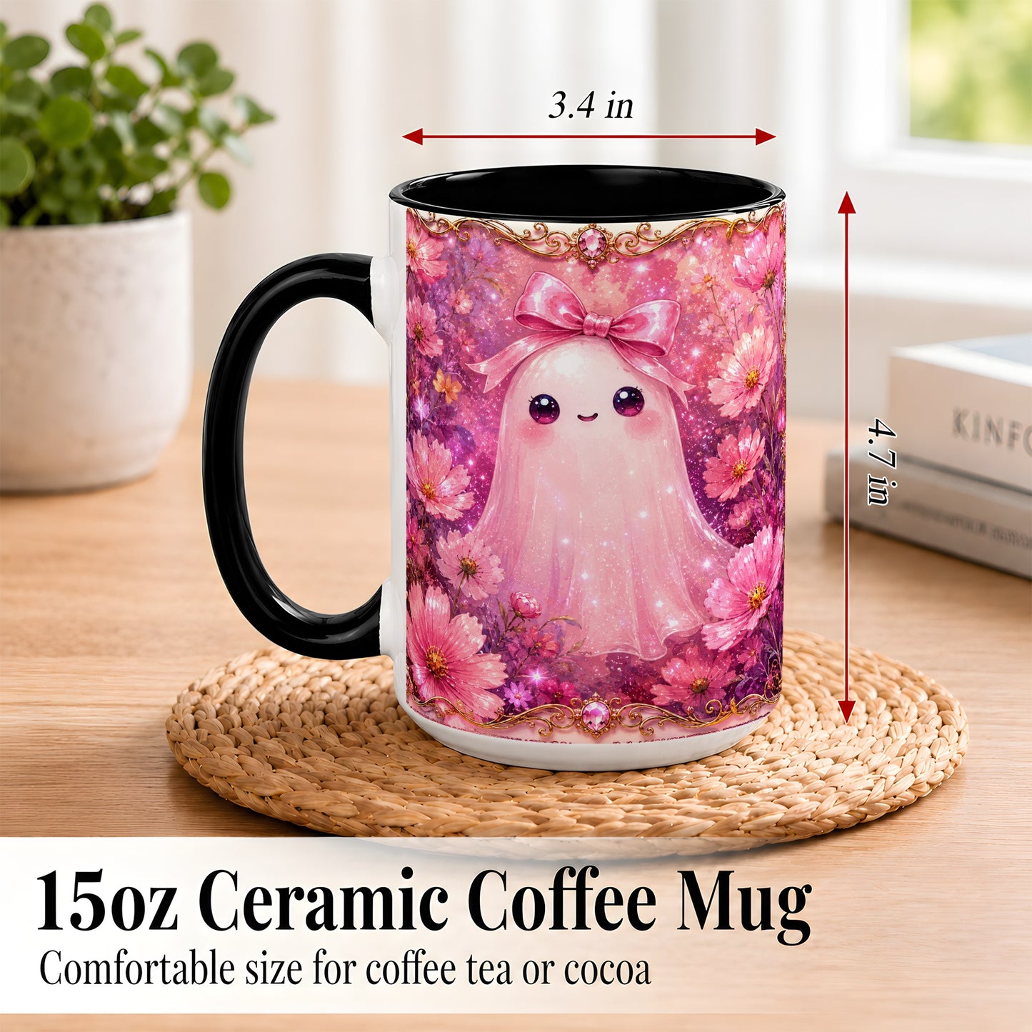 #pl[15oz|Black] Pink Ghost Coffee Mug, Floral Bow Mug, Ceramic Cup with Cosmos Art