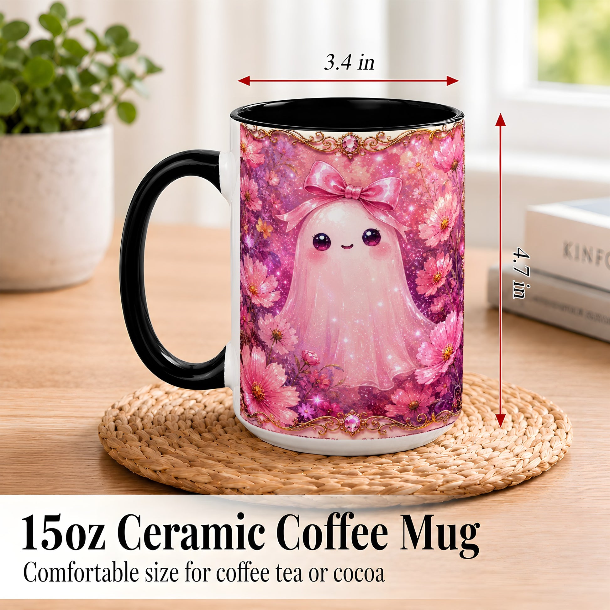 #pl[15oz|Black] Pink Ghost Coffee Mug, Floral Bow Mug, Ceramic Cup with Cosmos Art