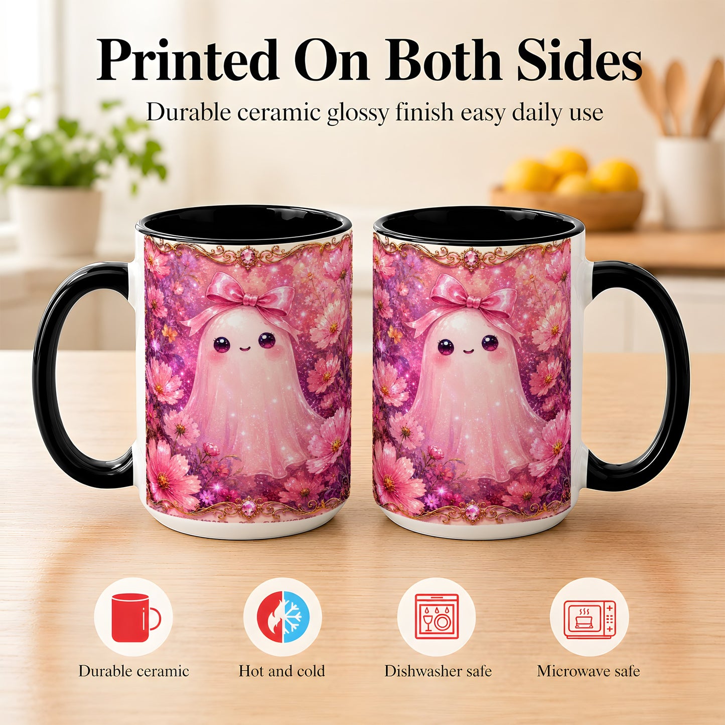 #pl[15oz|Black] Pink Ghost Coffee Mug, Floral Bow Mug, Ceramic Cup with Cosmos Art