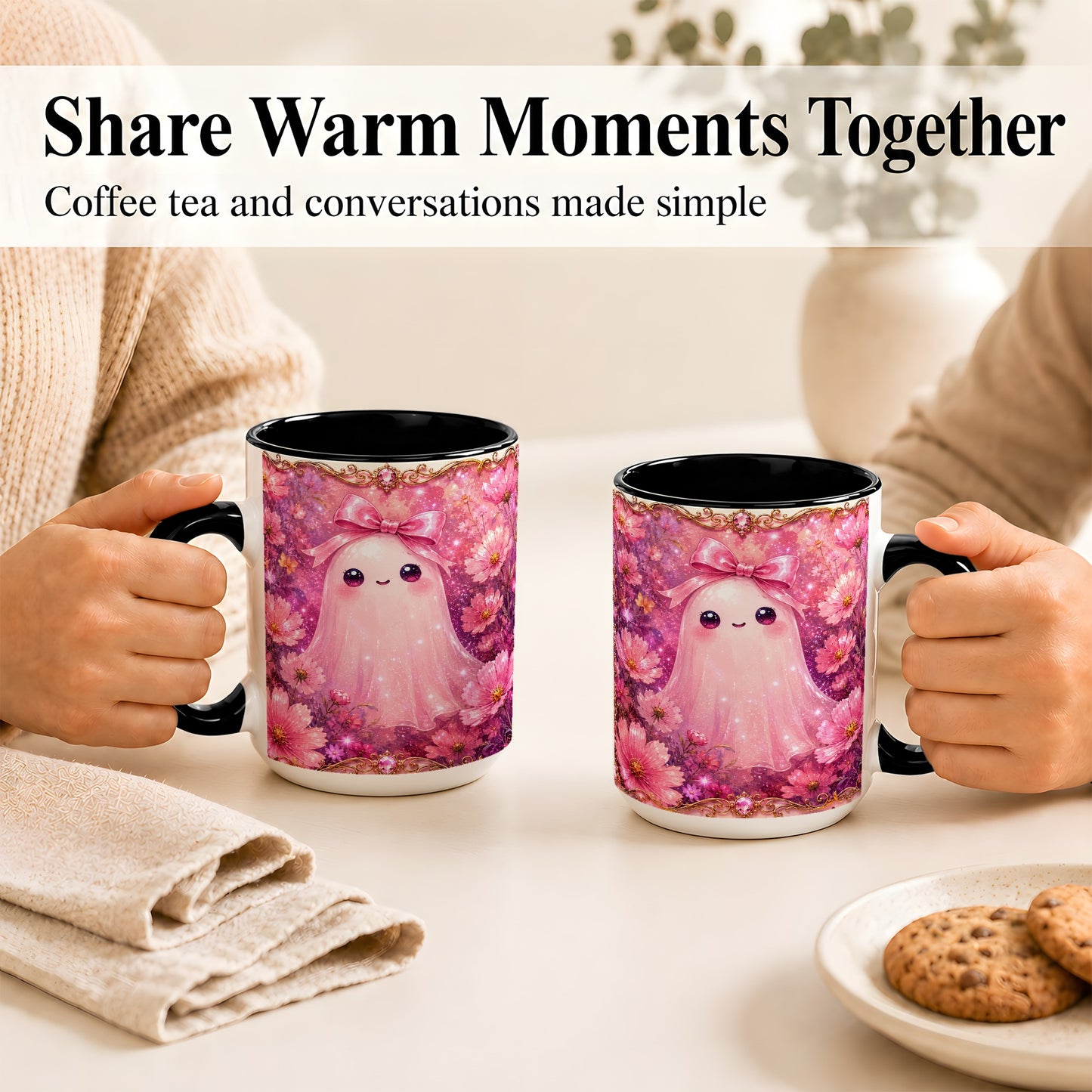 #pl[15oz|Black] Pink Ghost Coffee Mug, Floral Bow Mug, Ceramic Cup with Cosmos Art
