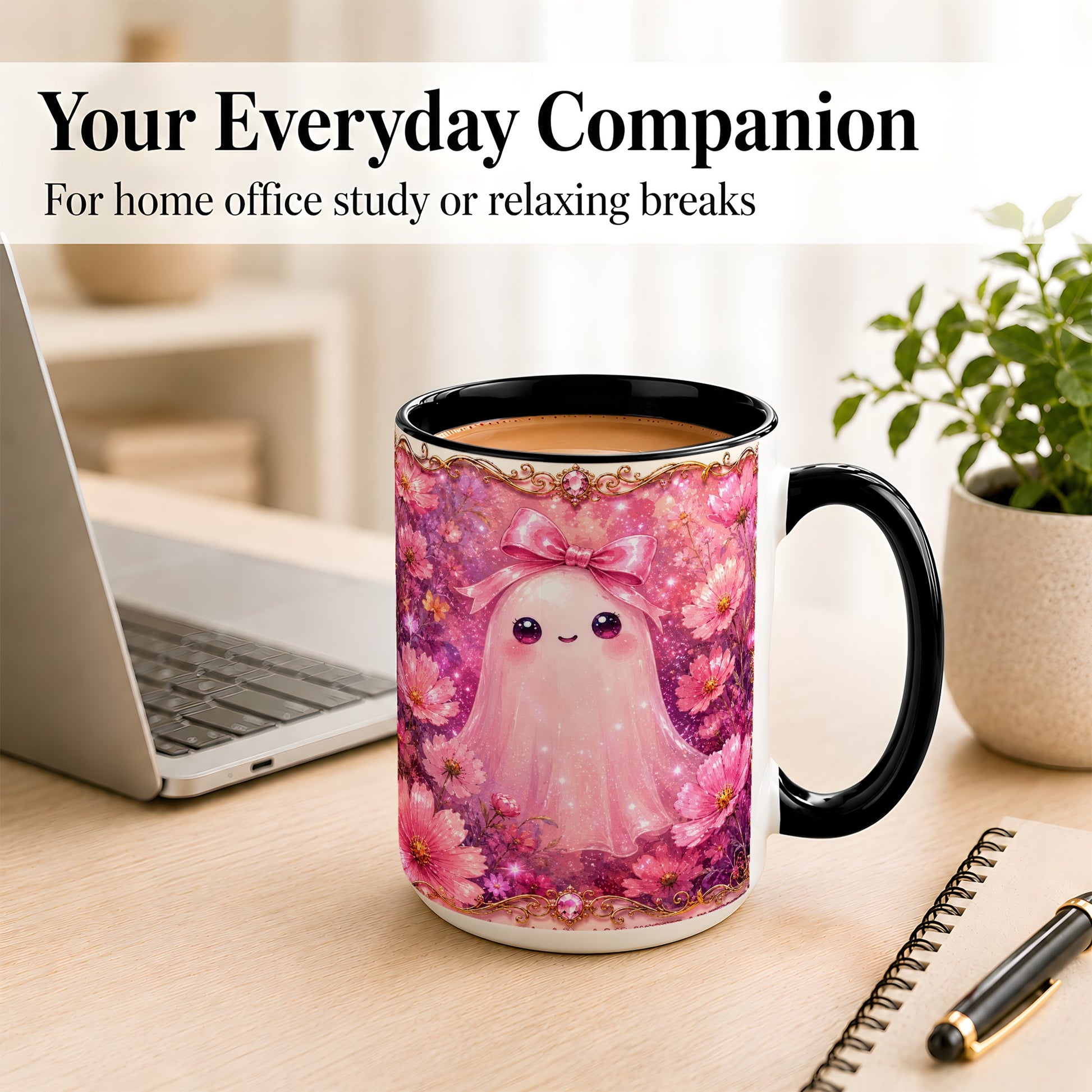 #pl[15oz|Black] Pink Ghost Coffee Mug, Floral Bow Mug, Ceramic Cup with Cosmos Art