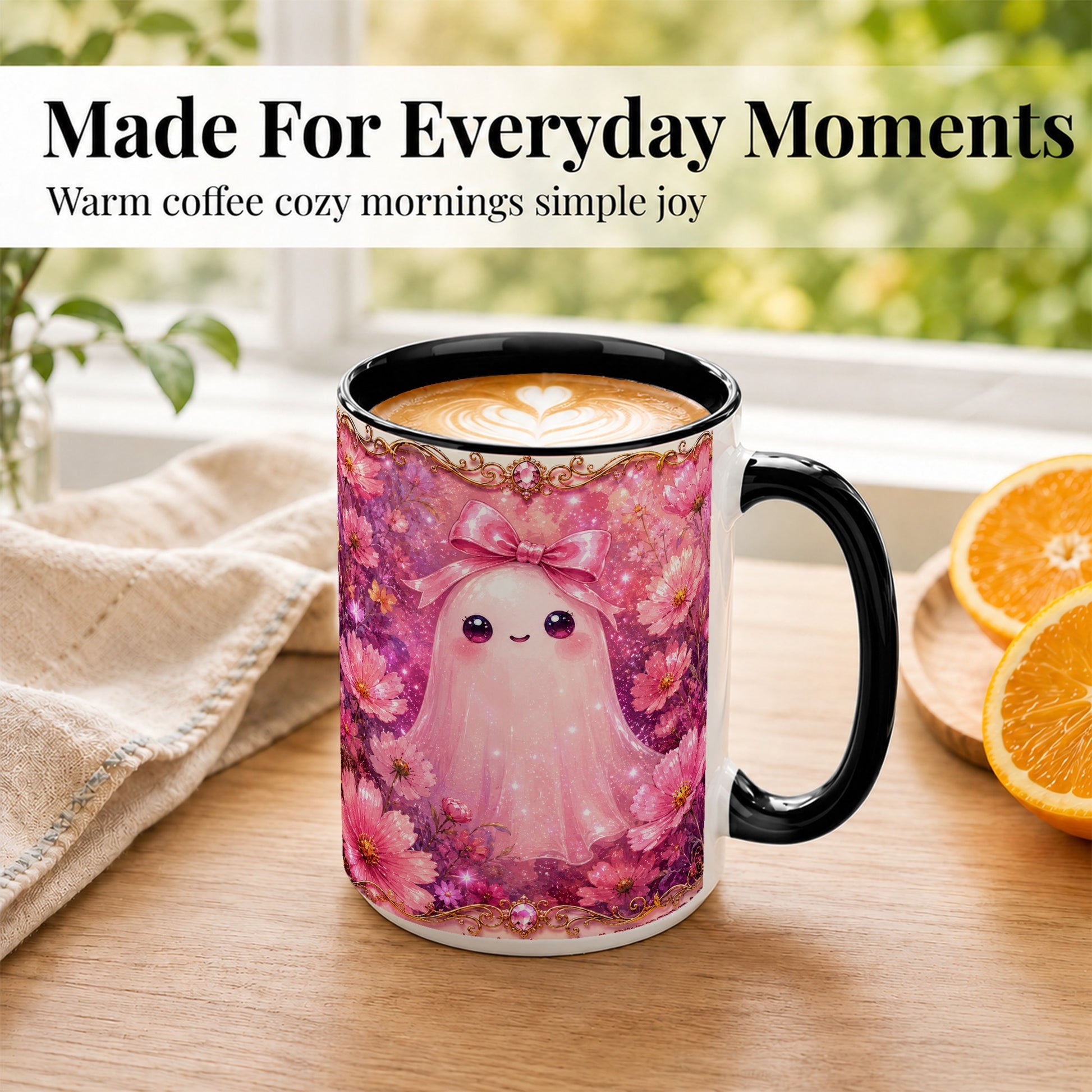 #pl[15oz|Black] Pink Ghost Coffee Mug, Floral Bow Mug, Ceramic Cup with Cosmos Art