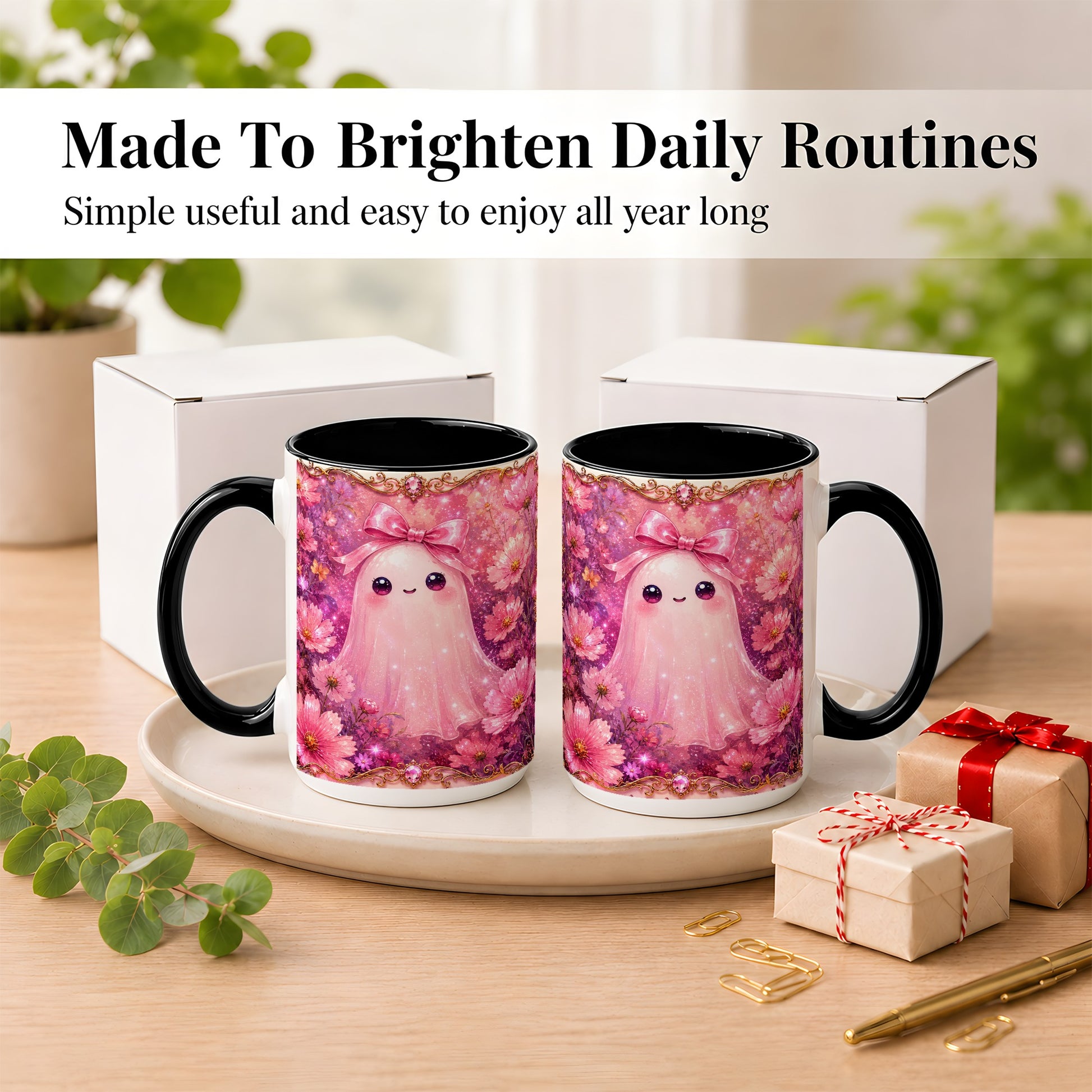 #pl[15oz|Black] Pink Ghost Coffee Mug, Floral Bow Mug, Ceramic Cup with Cosmos Art
