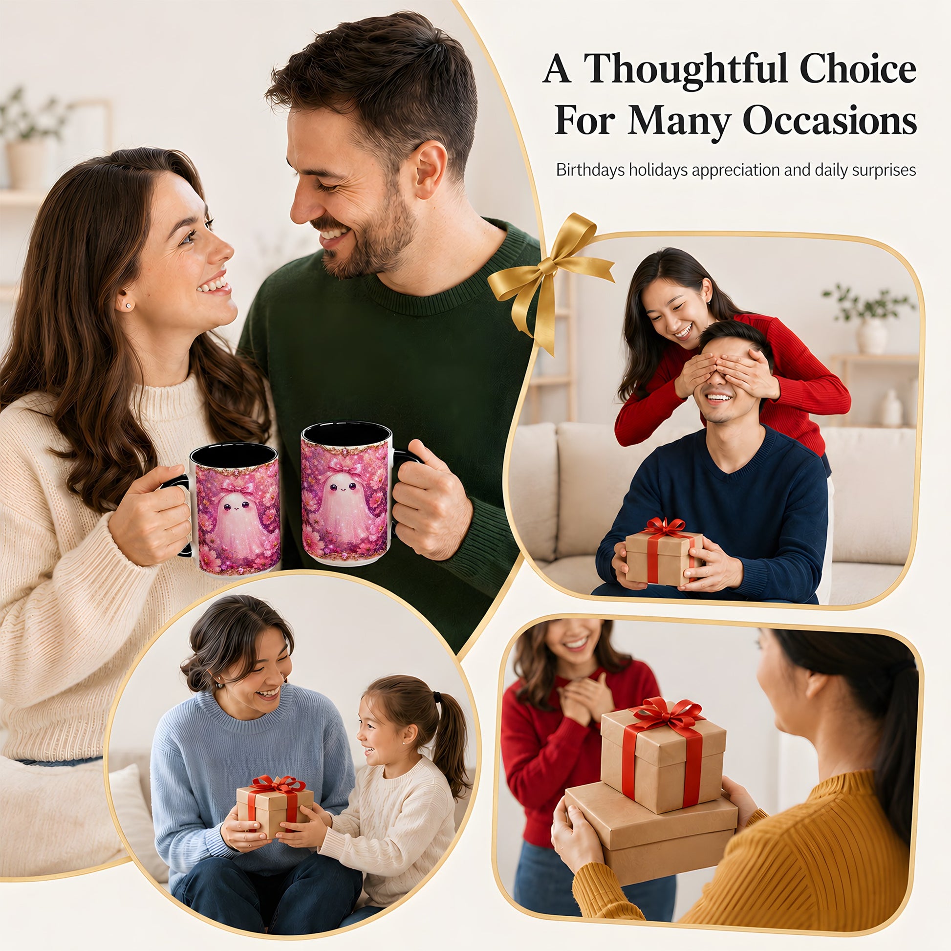 #pl[15oz|Black] Pink Ghost Coffee Mug, Floral Bow Mug, Ceramic Cup with Cosmos Art