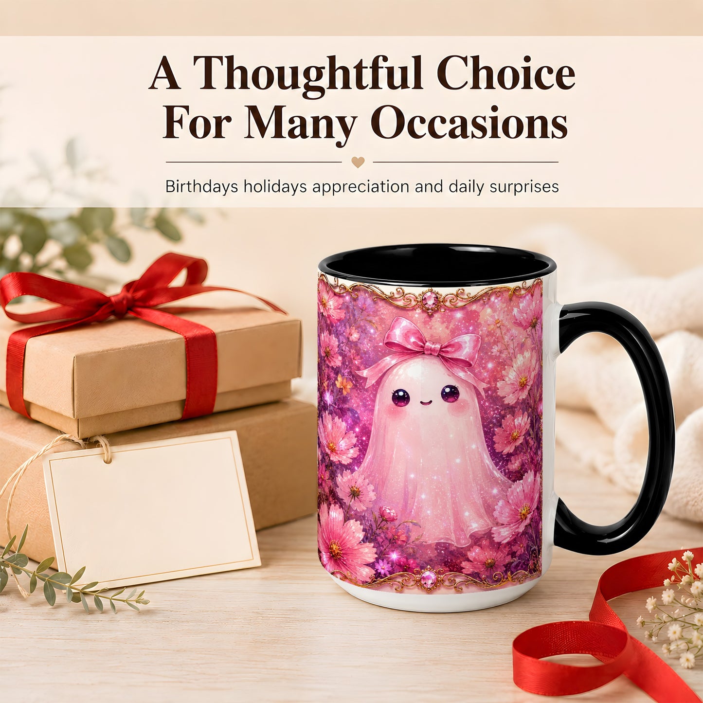 #pl[15oz|Black] Pink Ghost Coffee Mug, Floral Bow Mug, Ceramic Cup with Cosmos Art