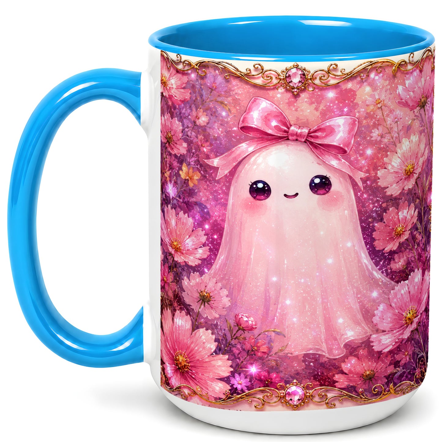 #pl[15oz|Blue] Pink Ghost Coffee Mug, Floral Bow Mug, Ceramic Cup with Cosmos Art