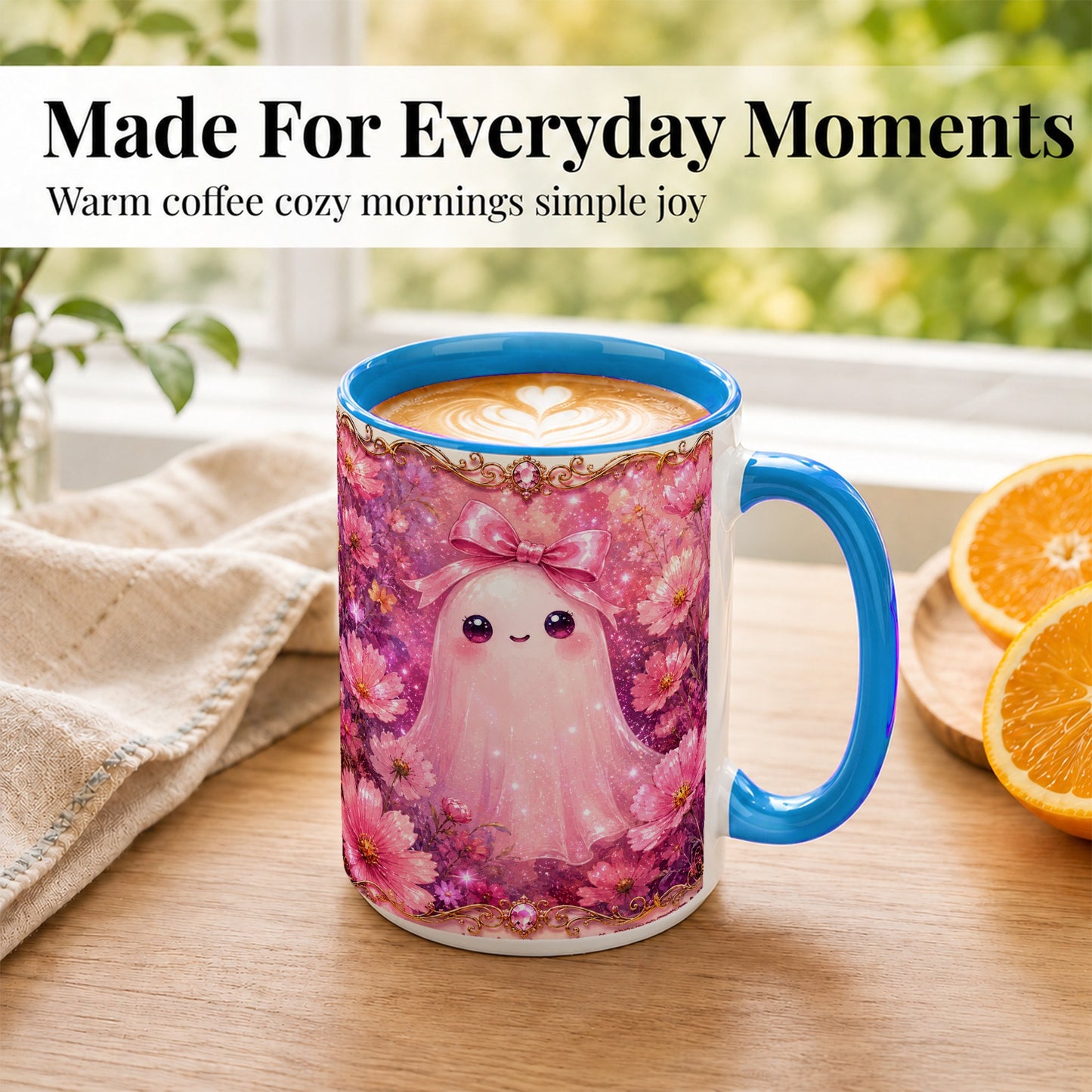 #pl[15oz|Blue] Pink Ghost Coffee Mug, Floral Bow Mug, Ceramic Cup with Cosmos Art