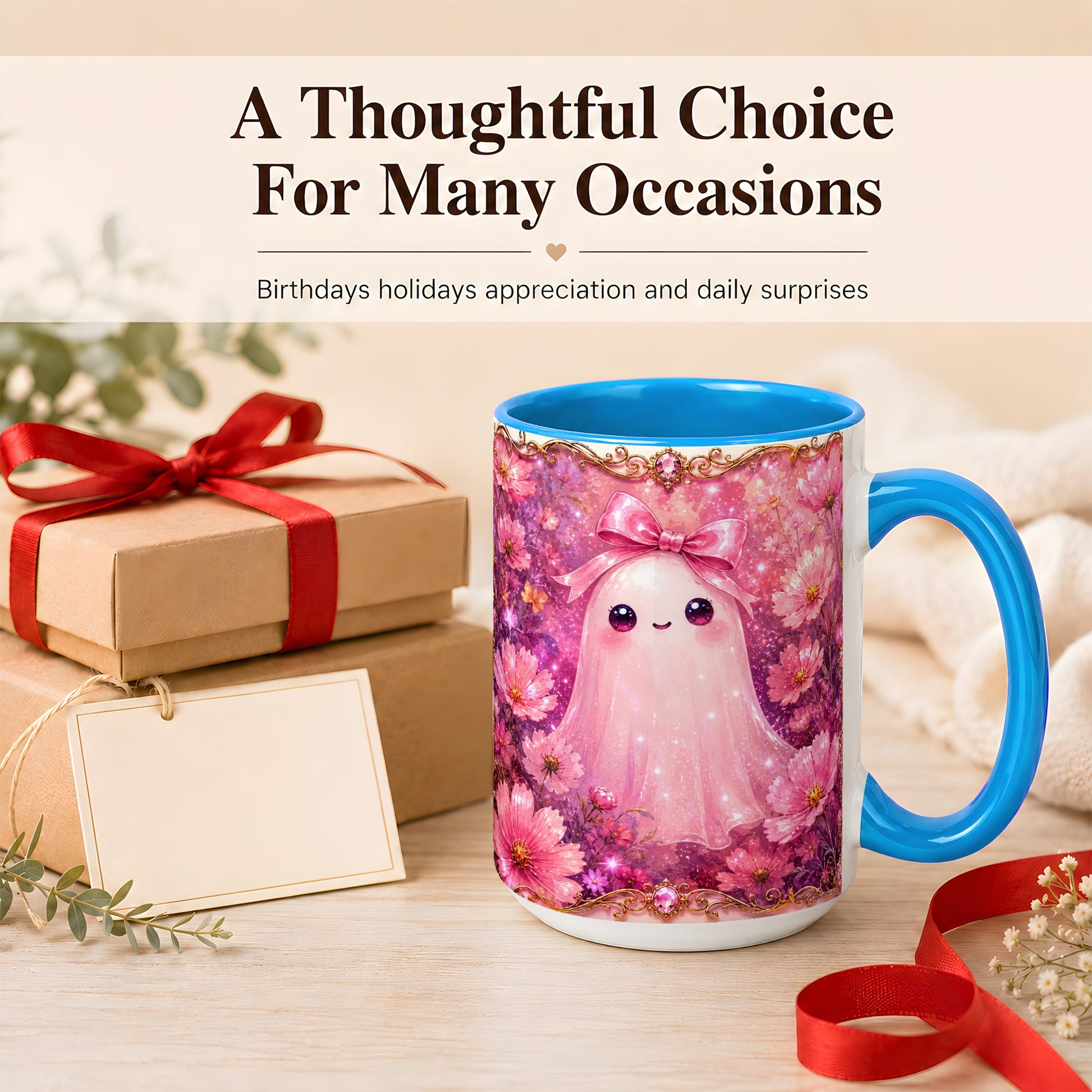 #pl[15oz|Blue] Pink Ghost Coffee Mug, Floral Bow Mug, Ceramic Cup with Cosmos Art