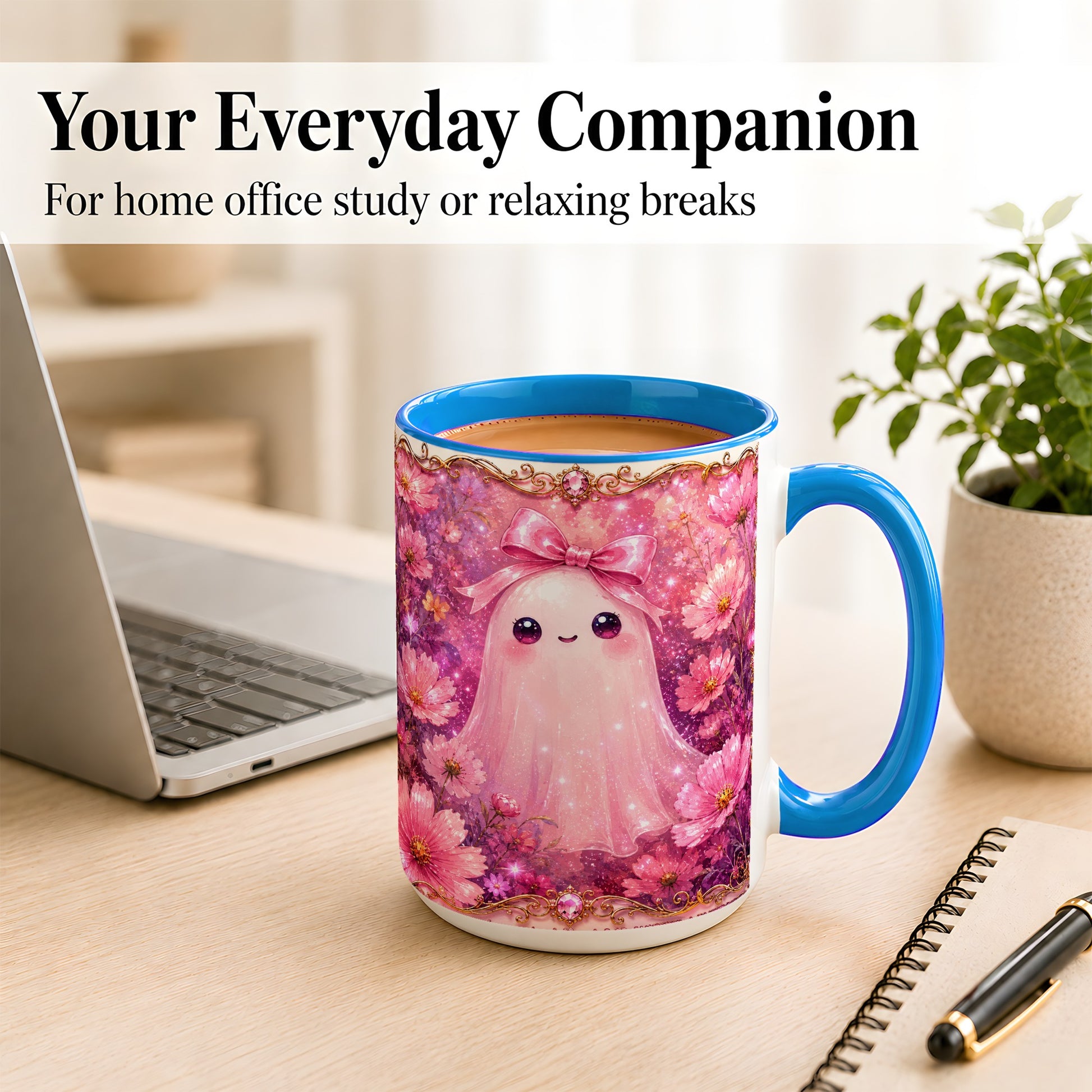#pl[15oz|Blue] Pink Ghost Coffee Mug, Floral Bow Mug, Ceramic Cup with Cosmos Art
