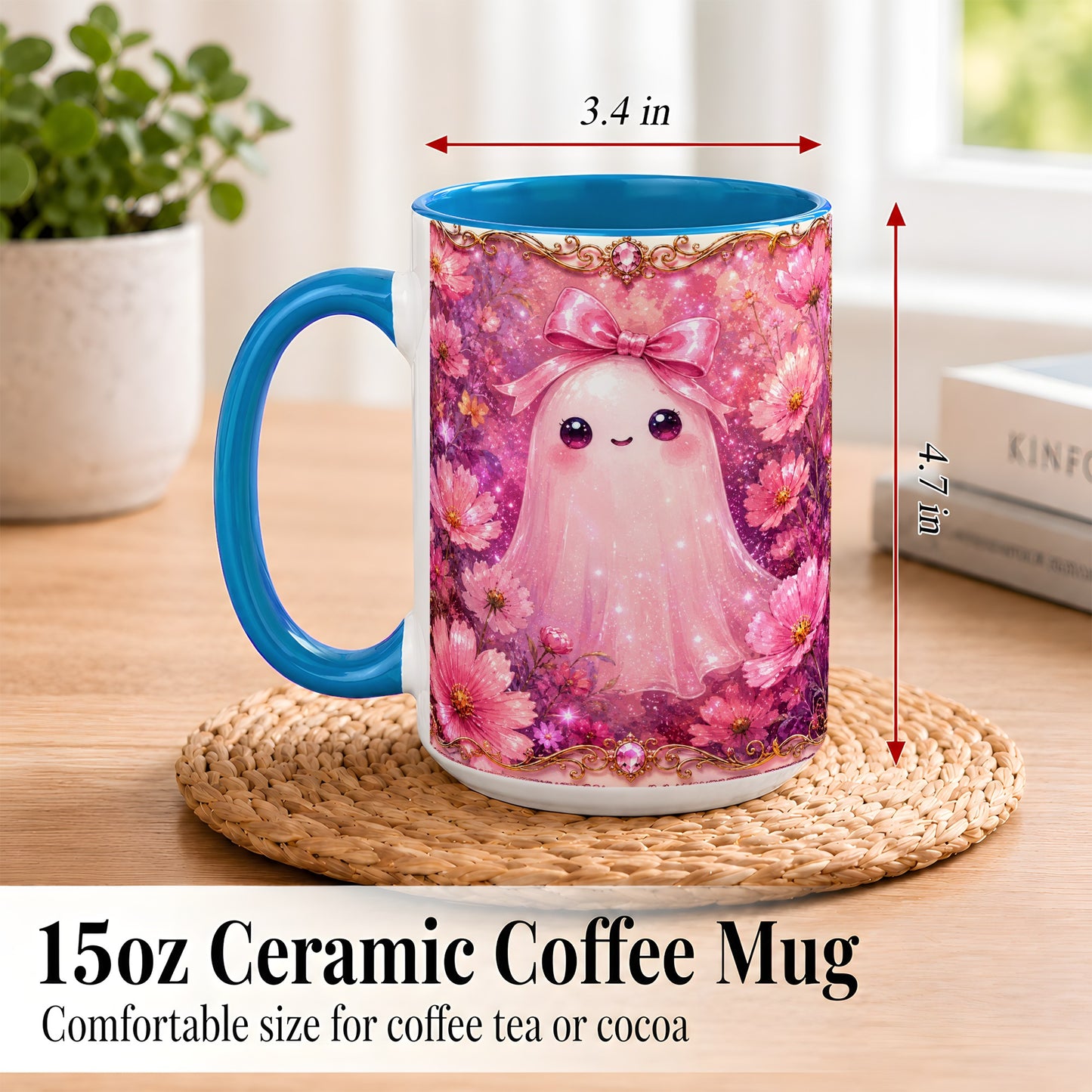 #pl[15oz|Blue] Pink Ghost Coffee Mug, Floral Bow Mug, Ceramic Cup with Cosmos Art
