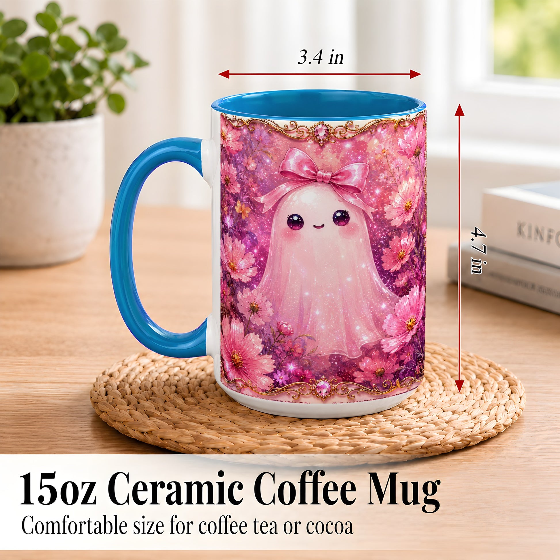 #pl[15oz|Blue] Pink Ghost Coffee Mug, Floral Bow Mug, Ceramic Cup with Cosmos Art