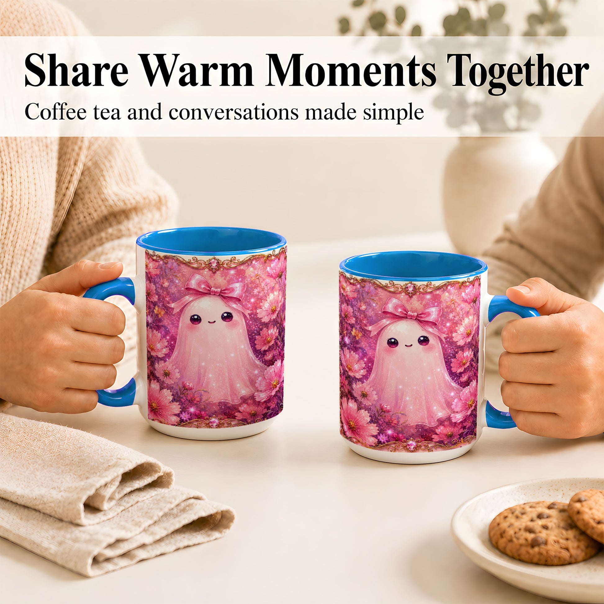 #pl[15oz|Blue] Pink Ghost Coffee Mug, Floral Bow Mug, Ceramic Cup with Cosmos Art