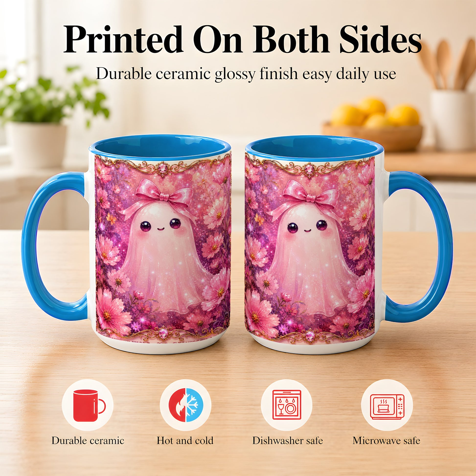 #pl[15oz|Blue] Pink Ghost Coffee Mug, Floral Bow Mug, Ceramic Cup with Cosmos Art