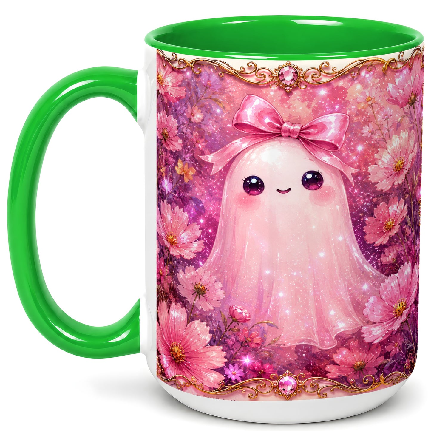 #pl[15oz|Green] Pink Ghost Coffee Mug, Floral Bow Mug, Ceramic Cup with Cosmos Art