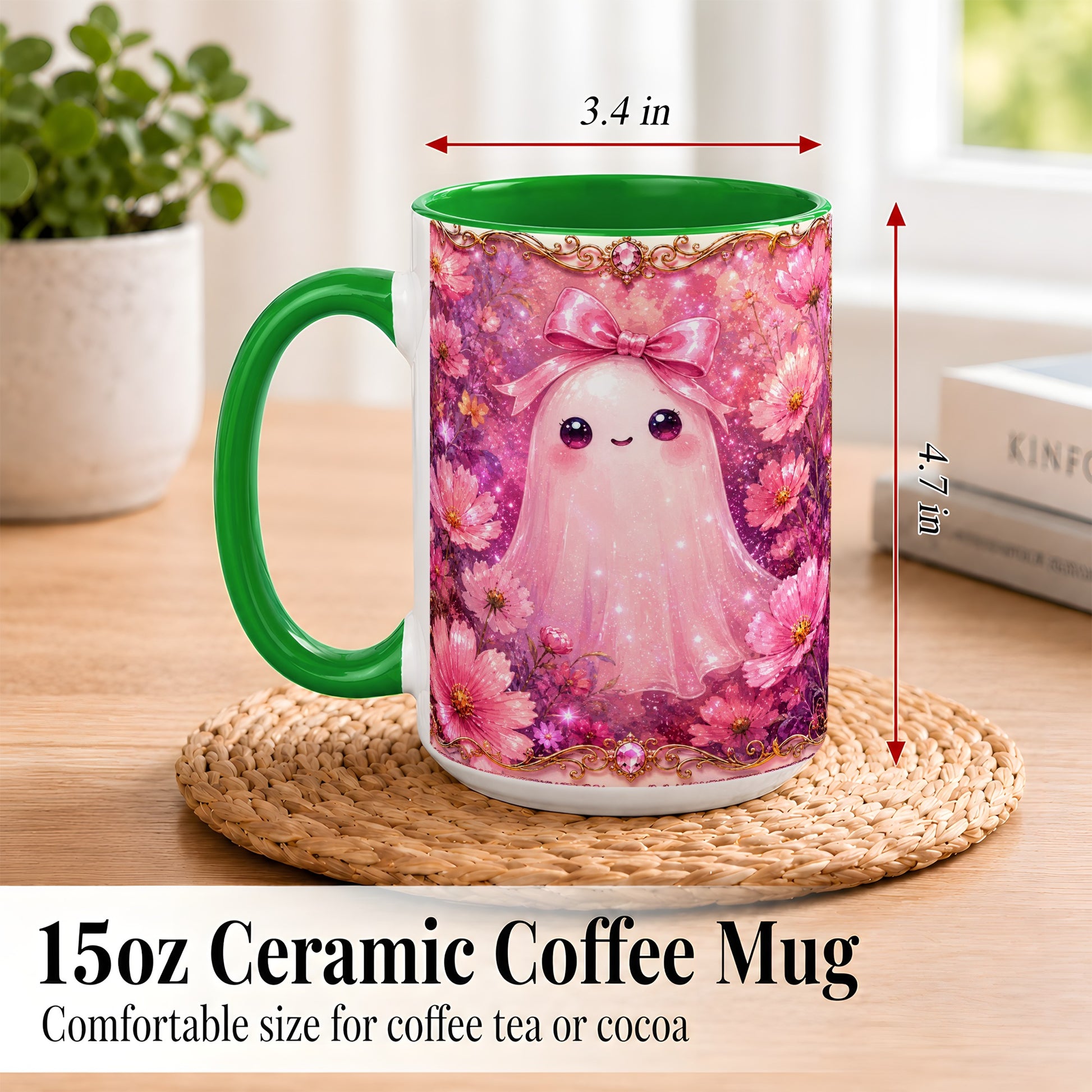 #pl[15oz|Green] Pink Ghost Coffee Mug, Floral Bow Mug, Ceramic Cup with Cosmos Art
