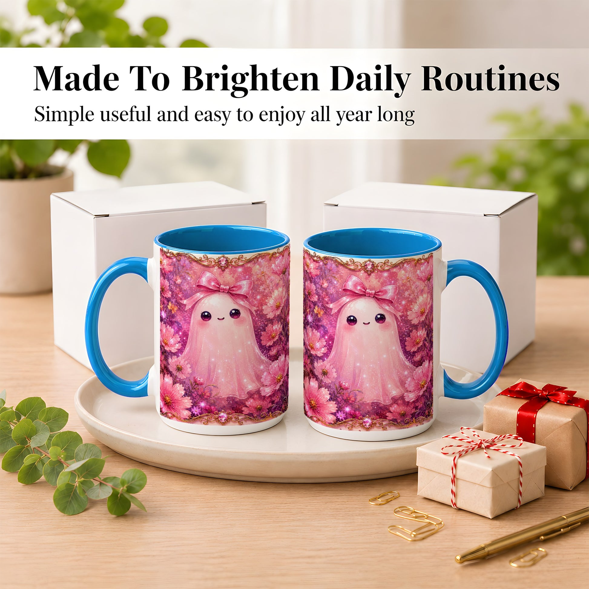 #pl[15oz|Blue] Pink Ghost Coffee Mug, Floral Bow Mug, Ceramic Cup with Cosmos Art