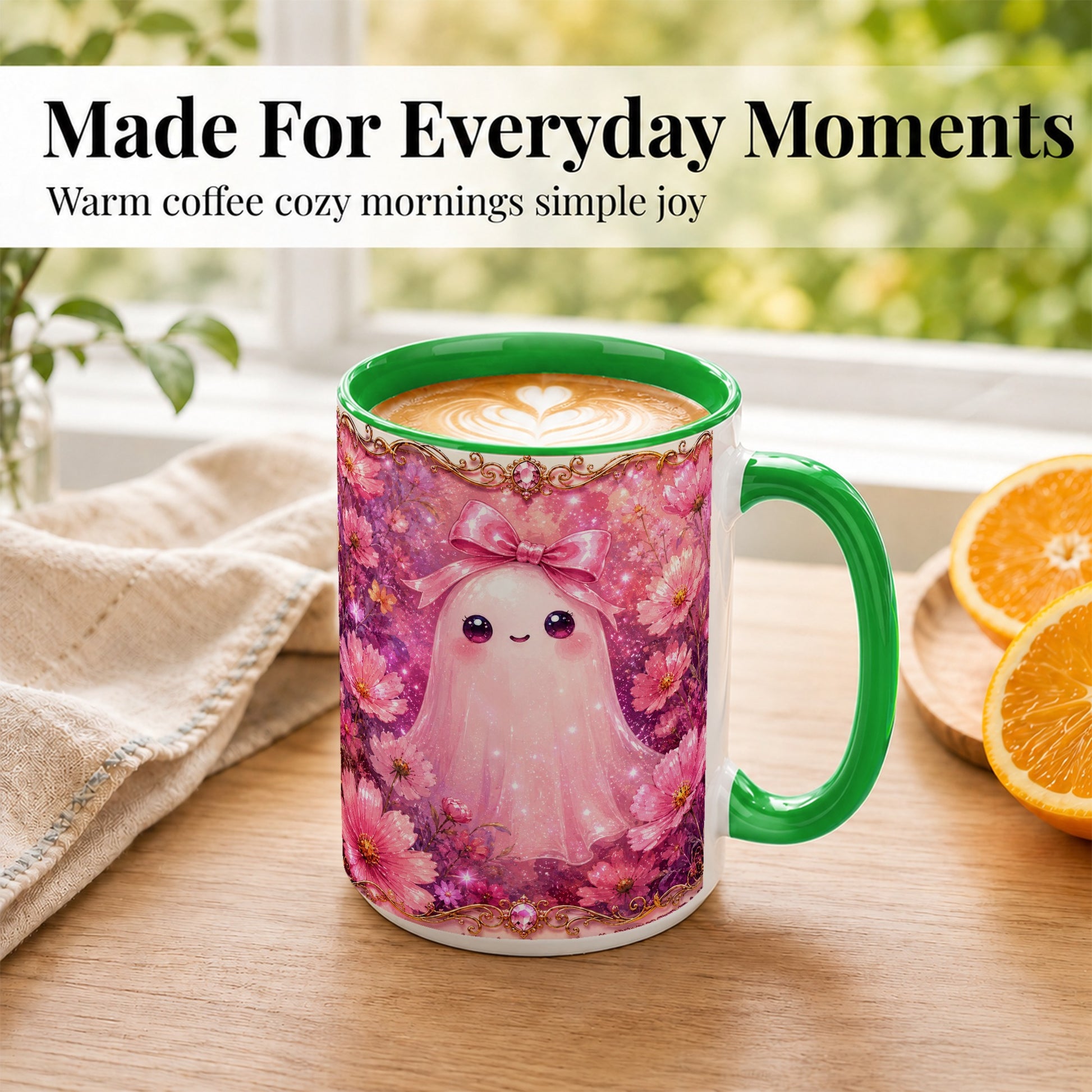 #pl[15oz|Green] Pink Ghost Coffee Mug, Floral Bow Mug, Ceramic Cup with Cosmos Art