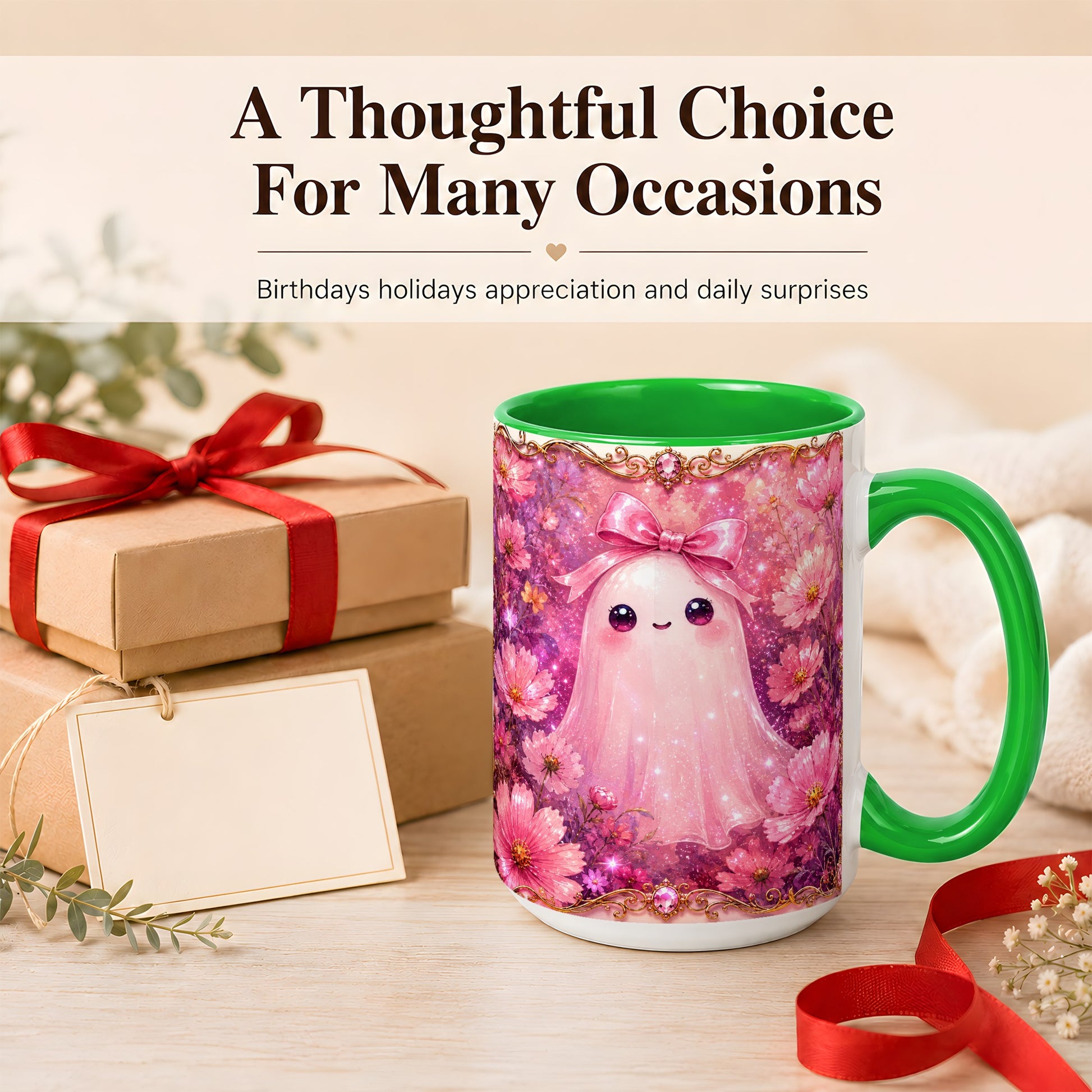 #pl[15oz|Green] Pink Ghost Coffee Mug, Floral Bow Mug, Ceramic Cup with Cosmos Art