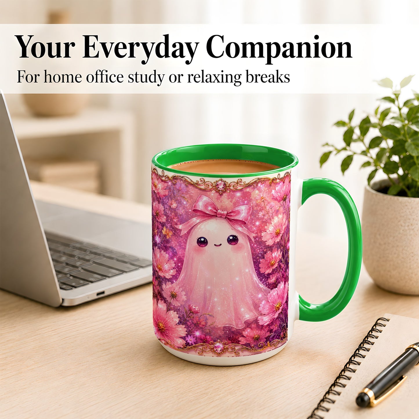 #pl[15oz|Green] Pink Ghost Coffee Mug, Floral Bow Mug, Ceramic Cup with Cosmos Art