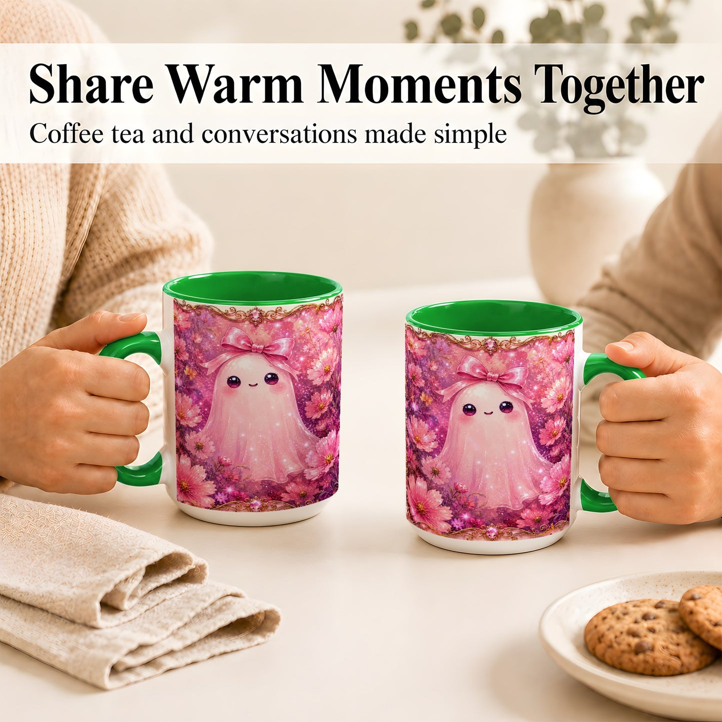 #pl[15oz|Green] Pink Ghost Coffee Mug, Floral Bow Mug, Ceramic Cup with Cosmos Art