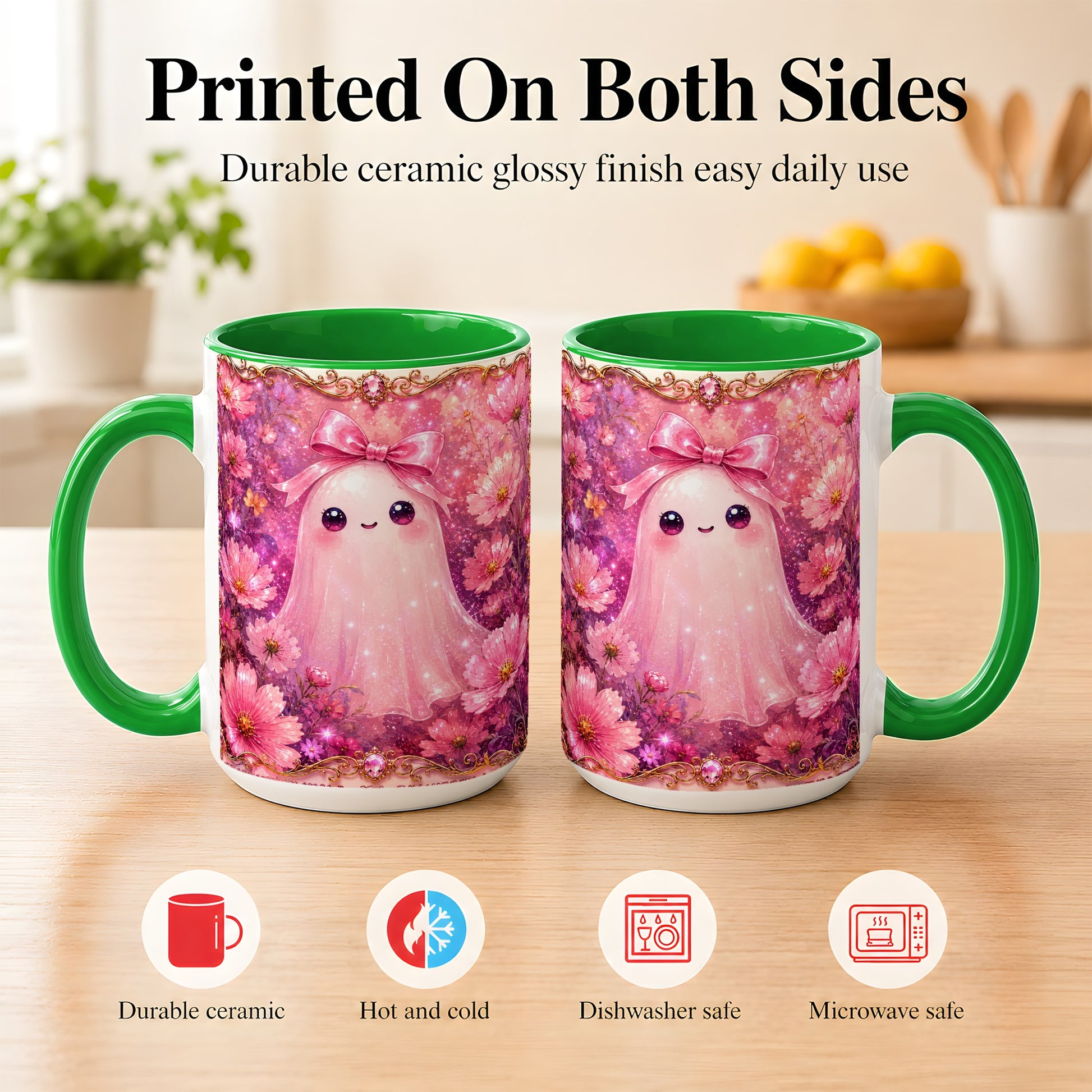 #pl[15oz|Green] Pink Ghost Coffee Mug, Floral Bow Mug, Ceramic Cup with Cosmos Art