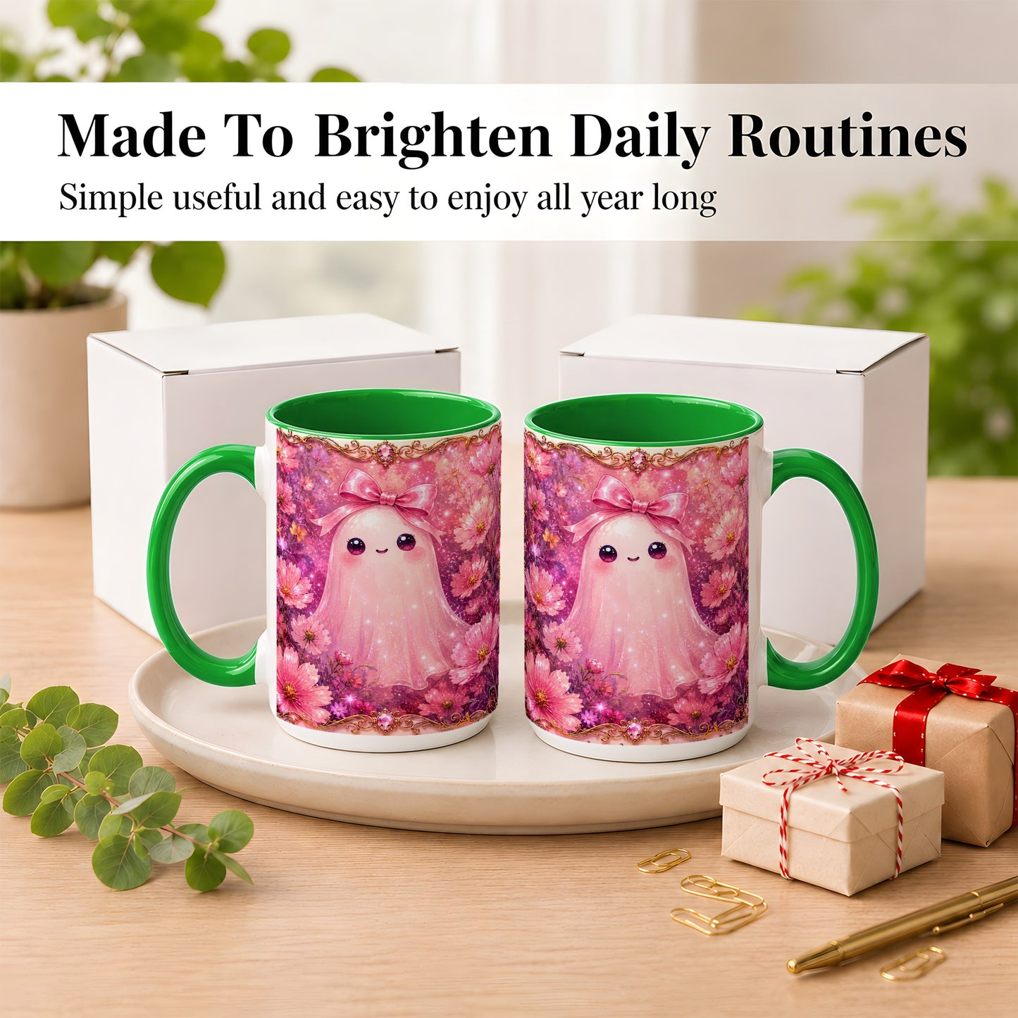 #pl[15oz|Green] Pink Ghost Coffee Mug, Floral Bow Mug, Ceramic Cup with Cosmos Art