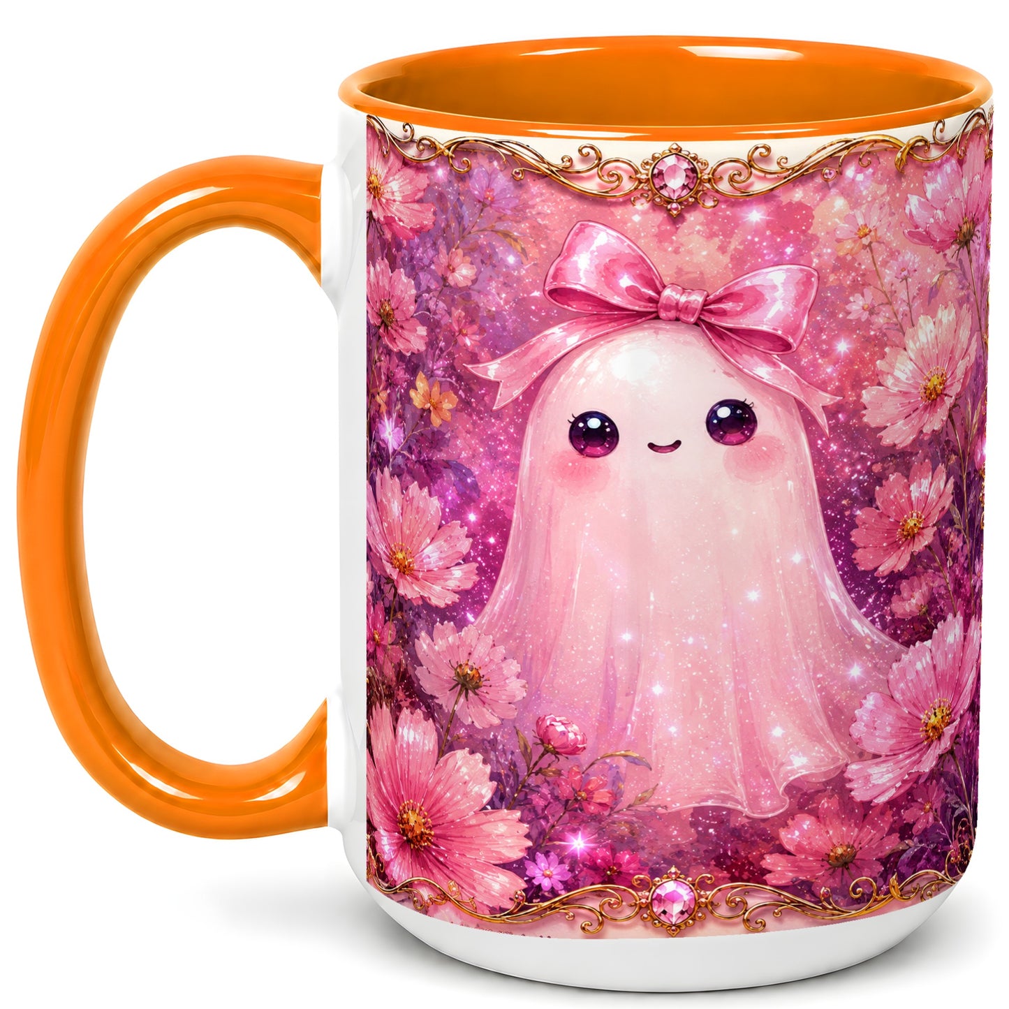#pl[15oz|Orange] Pink Ghost Coffee Mug, Floral Bow Mug, Ceramic Cup with Cosmos Art