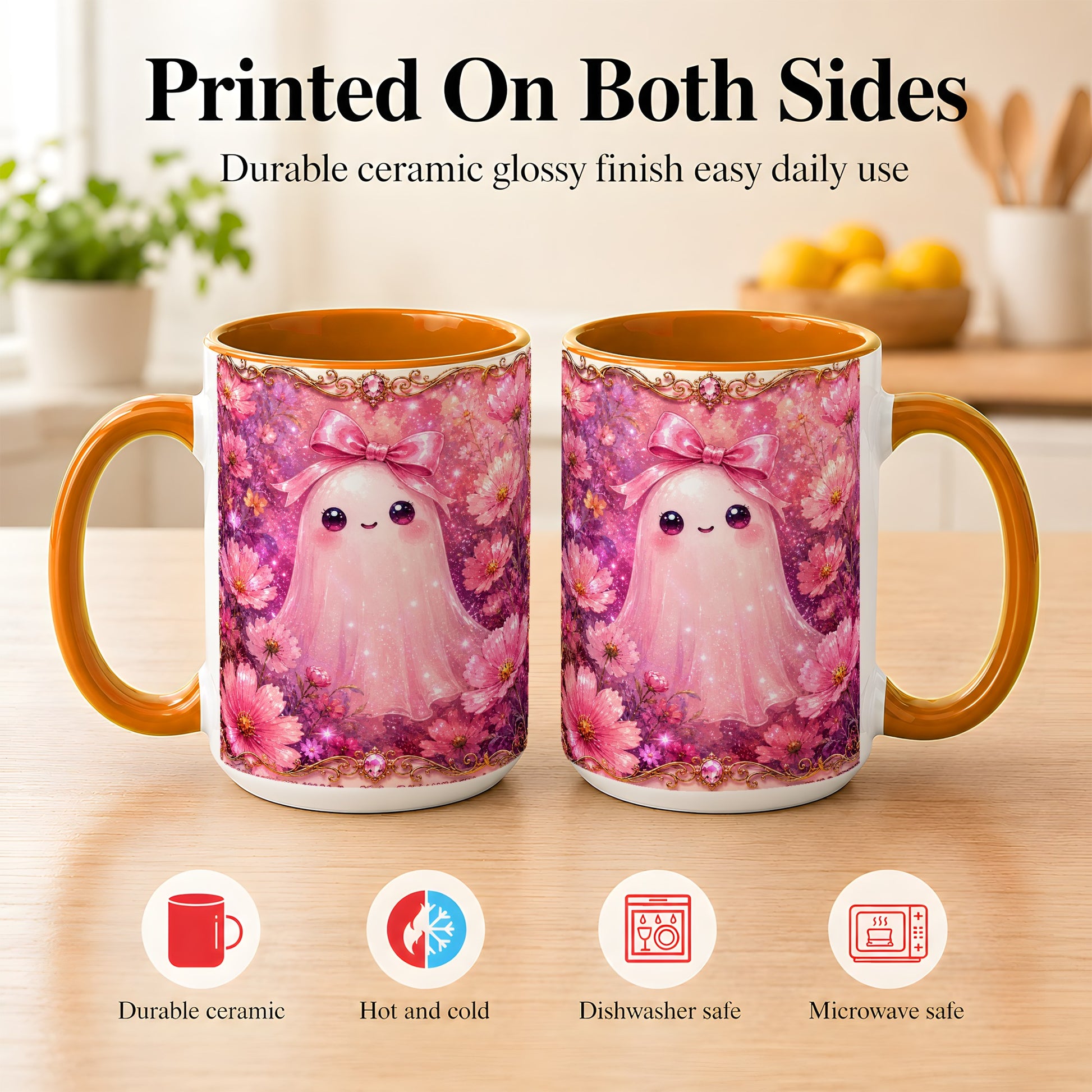 #pl[15oz|Orange] Pink Ghost Coffee Mug, Floral Bow Mug, Ceramic Cup with Cosmos Art