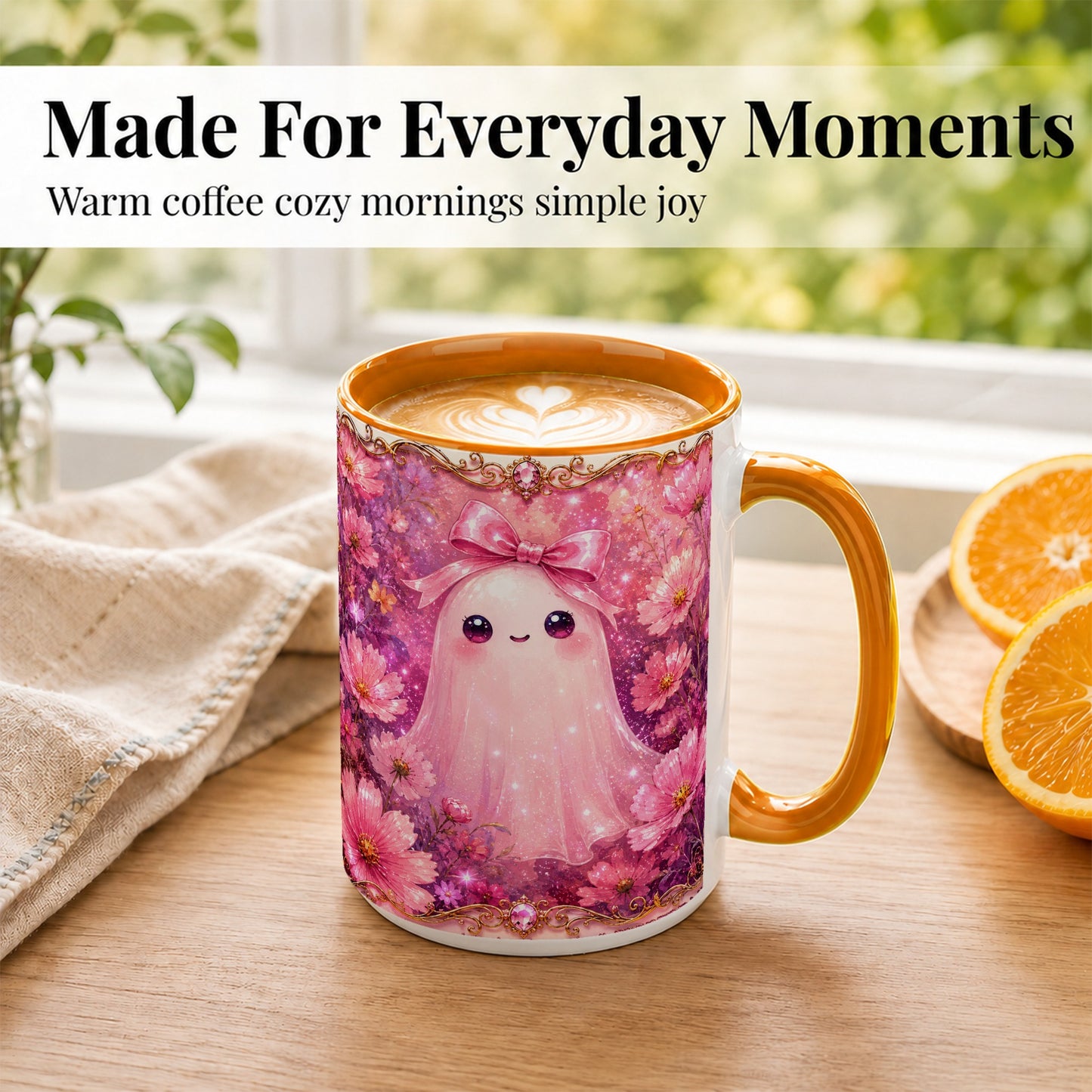 #pl[15oz|Orange] Pink Ghost Coffee Mug, Floral Bow Mug, Ceramic Cup with Cosmos Art